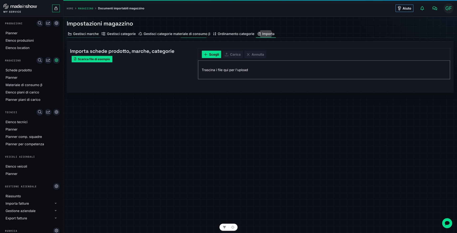 Premere «Scarica file di esempio» per ottenere il template CSV con l'intestazione richiesta.
