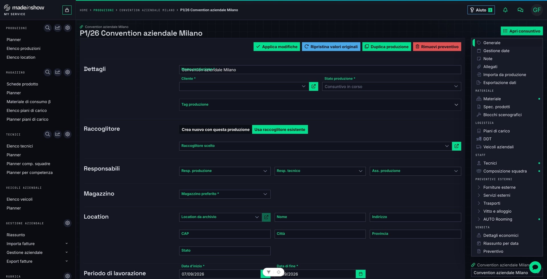 Da qualsiasi scheda produzione, il collegamento al raccoglitore riporta all'insieme dei lavori che condividono cliente e progetto.