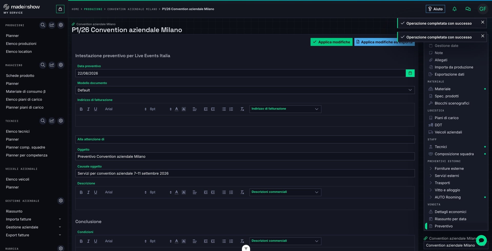 Il preventivo è pronto: «Applica modifiche ed esporta» genera il documento intestato e brandizzato da inviare al cliente.