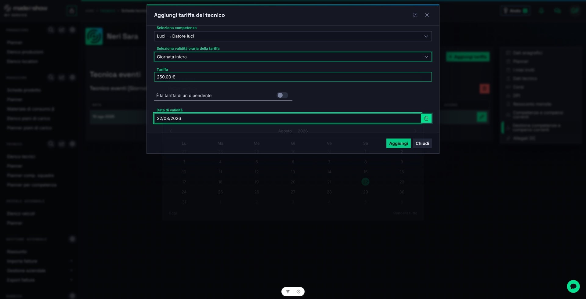 Premere «Aggiungi» per registrare la tariffa.