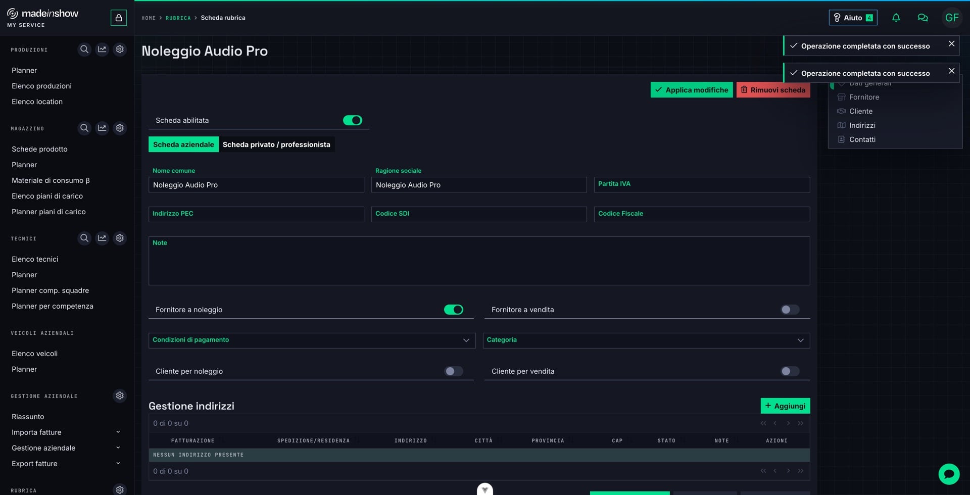 Noleggio Audio Pro è registrata come azienda con il profilo Fornitore a noleggio attivo.
