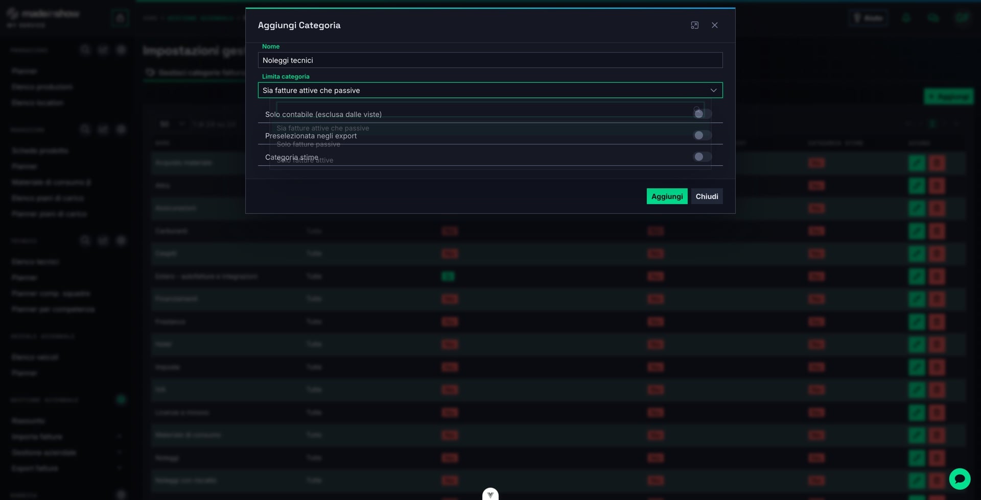 Premere «Aggiungi» per rendere disponibile la categoria.