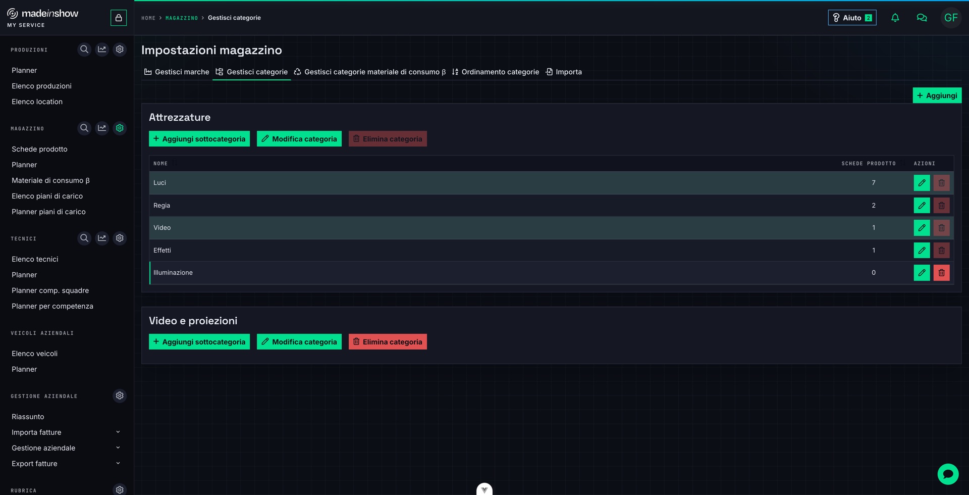 Per eliminare una categoria principale premere «Elimina categoria» nella sua scheda — qui Video e proiezioni. Il pulsante è attivo solo quando la categoria non ha più sottocategorie.