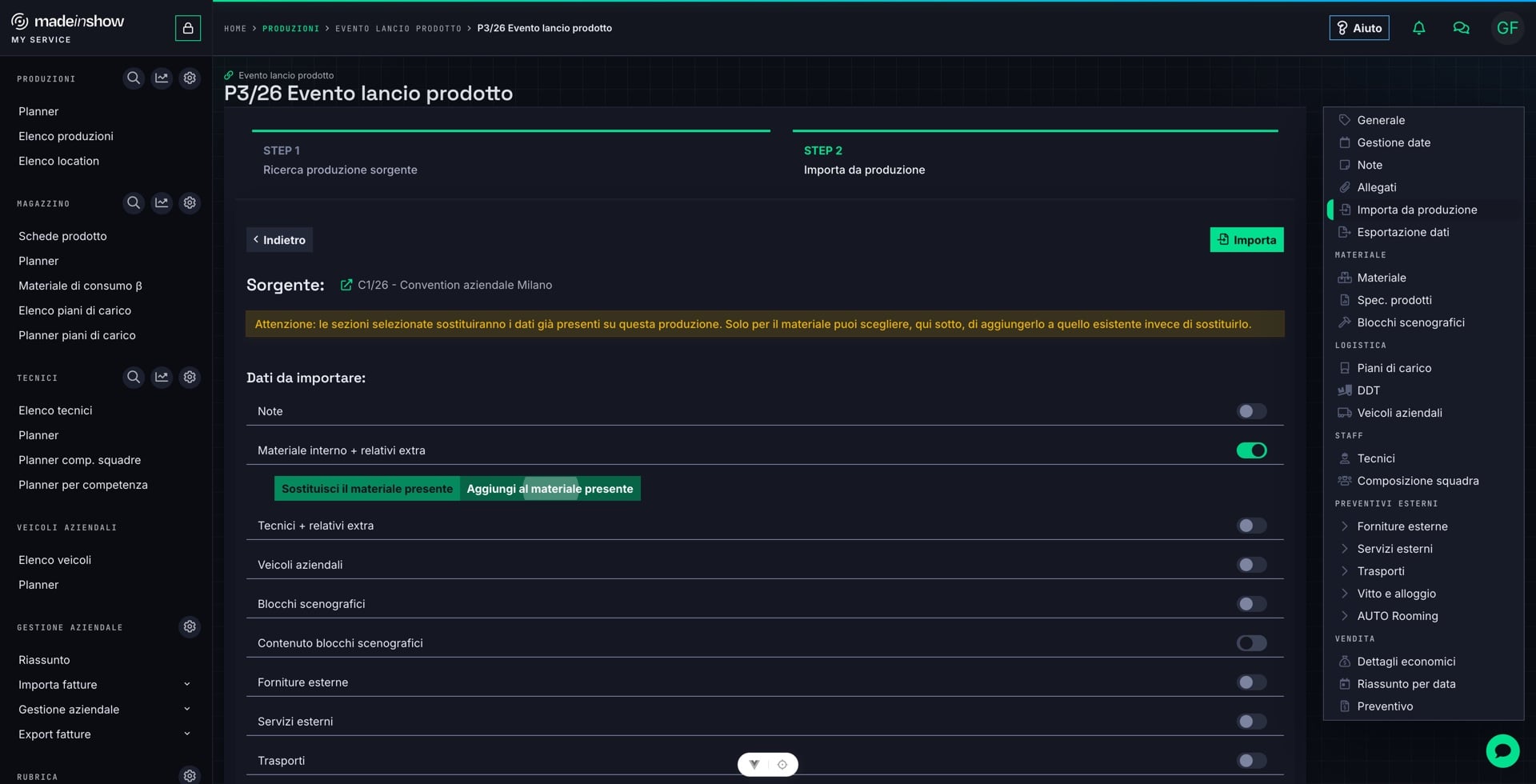 Premere «Importa» e confermare dopo avere verificato sorgente e sezioni scelte.