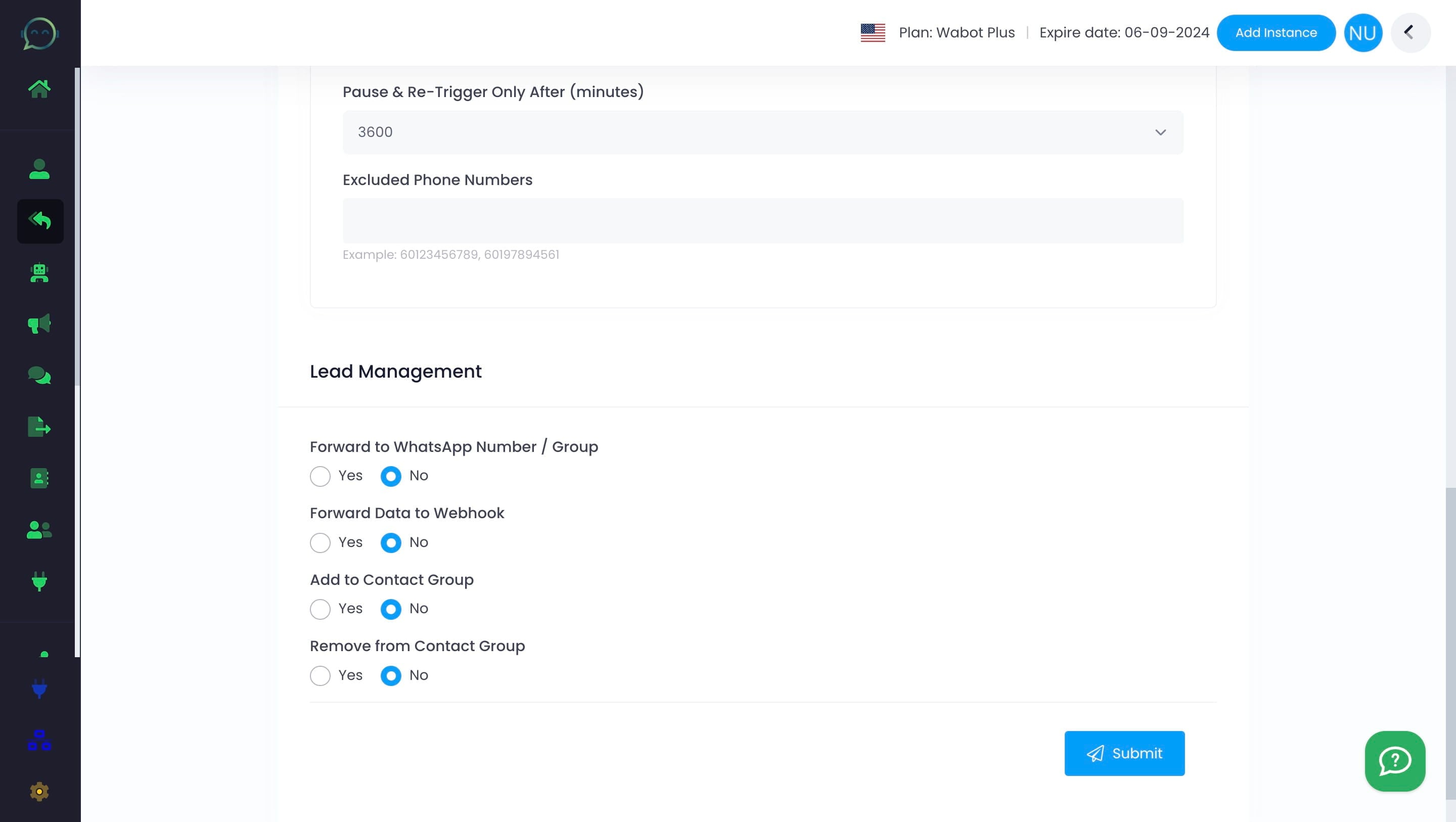 Exclude specific phone numbers, such as sales team, colleagues, or your own, from triggering default replies. Also please include country codes for each number