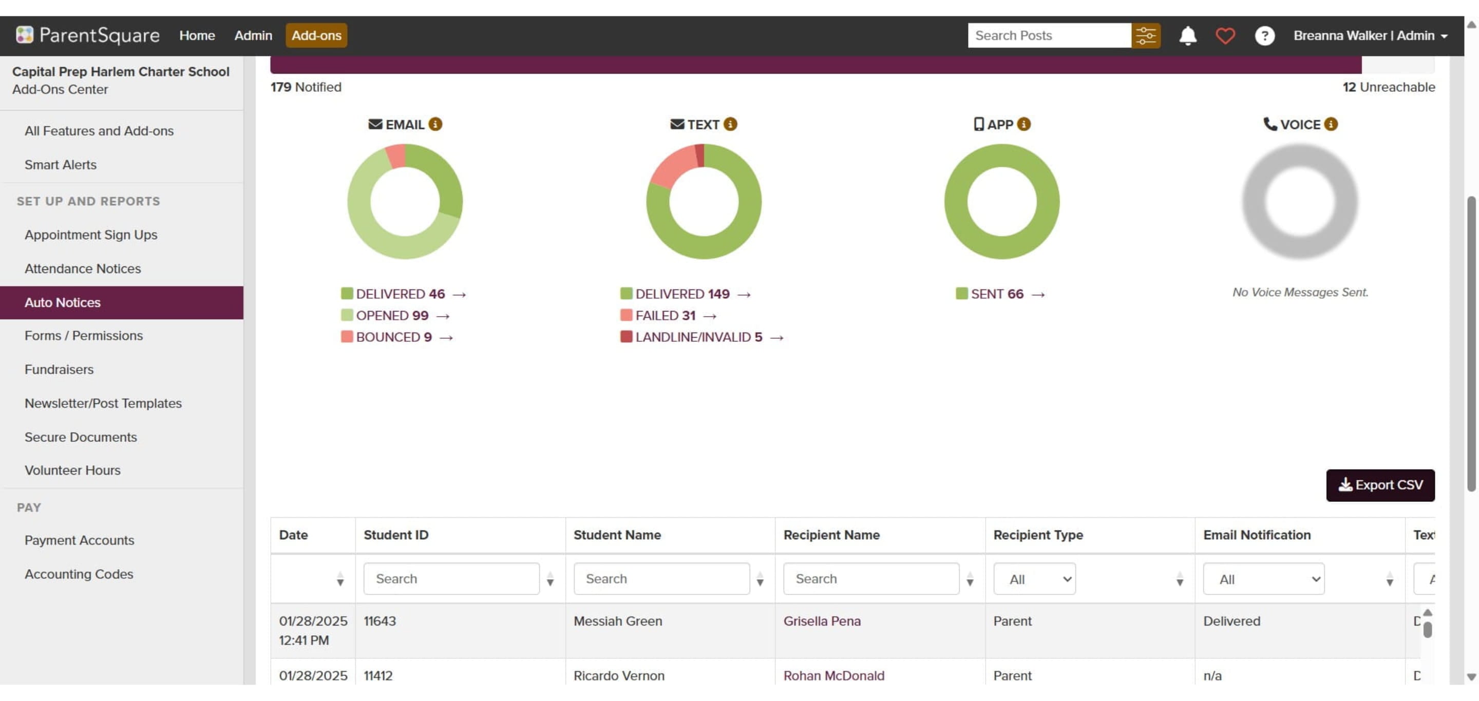 Click Export CSV. The report should download