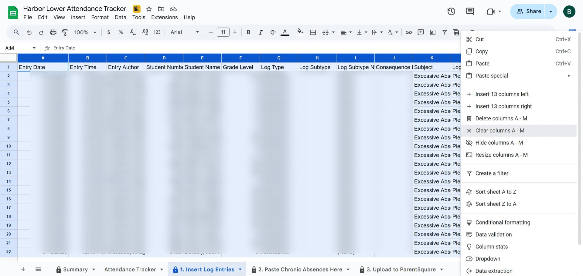 Right Click and Click on "Clear columns A - M"