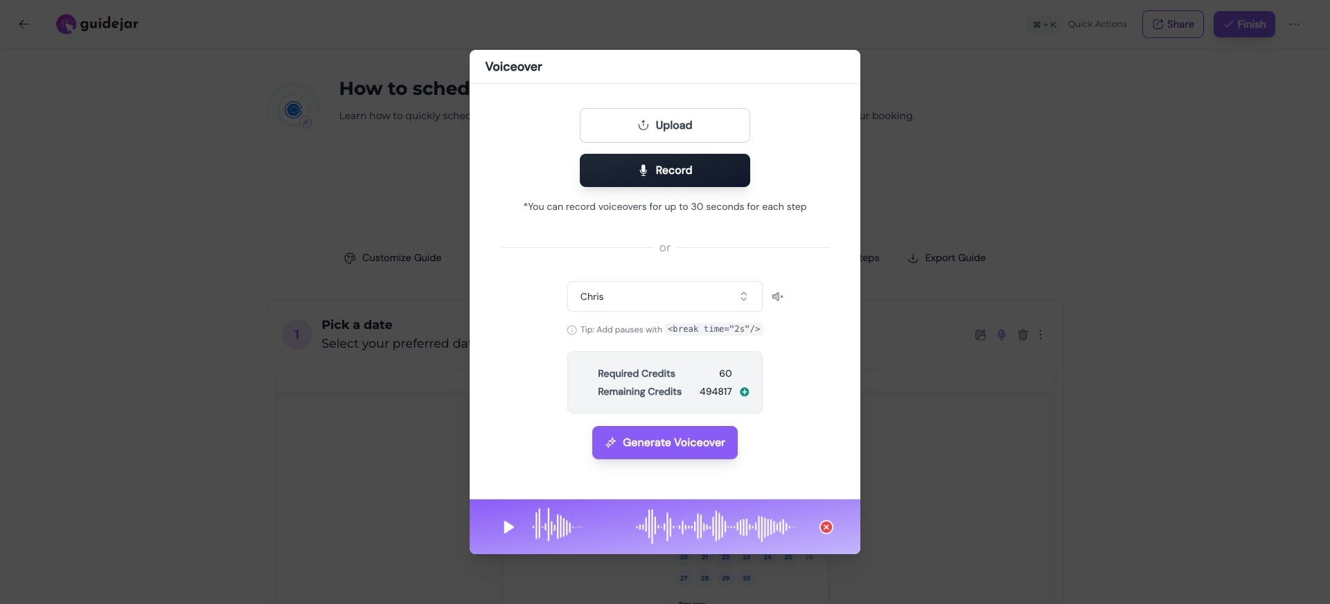 You can upload an audio file, record your own voice, or regenerate the AI voiceover for that step
### 