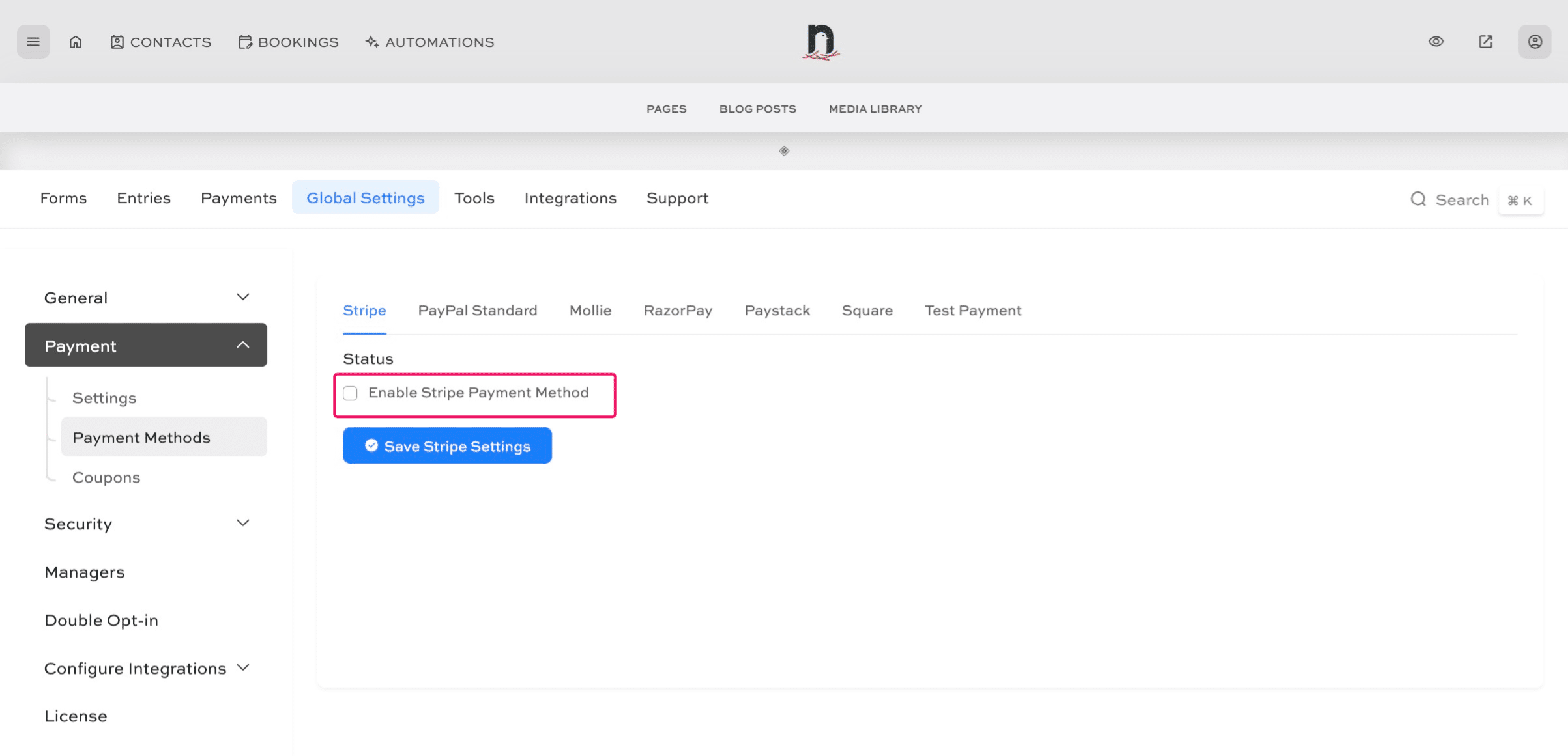 Click 'Enable Stripe Payment Method'