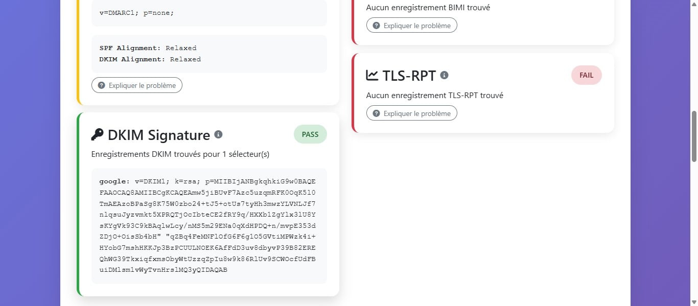 Le DKIM (DomainKeys Identified Mail) est un mécanisme d’authentification qui permet de vérifier que les emails envoyés depuis votre domaine n’ont pas été altérés pendant leur transmission. Il repose sur une signature cryptographique ajoutée aux messages.