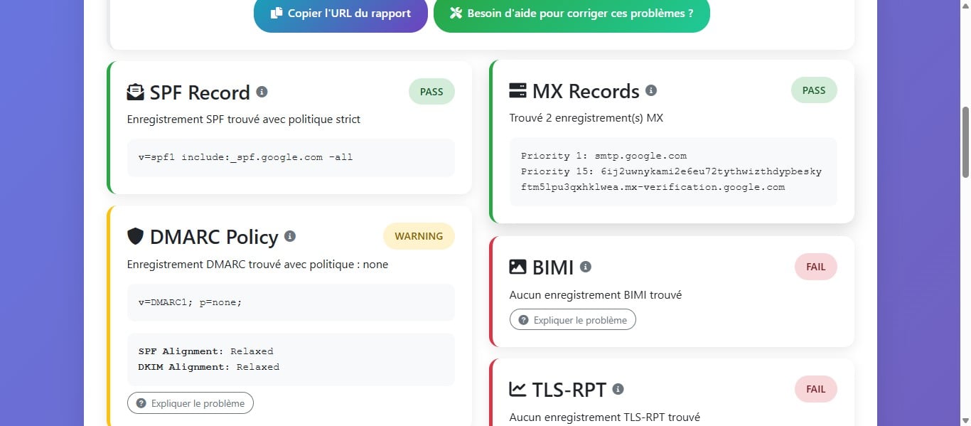 Les enregistrements MX (Mail Exchange) sont des enregistrements DNS qui définissent les serveurs responsables de la gestion des emails entrants pour un domaine. Le statut PASS signifie que les enregistrements MX sont correctement configurés et validés.