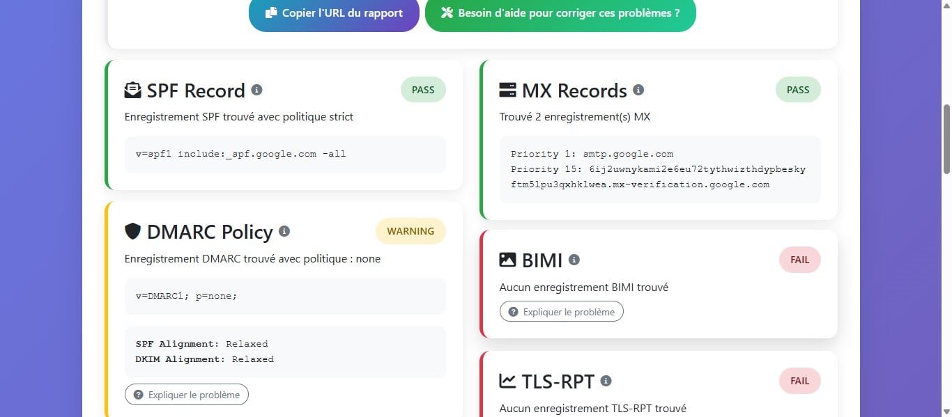 Le BIMI (Brand Indicators for Message Identification) est un standard qui permet d’afficher le logo officiel d’une marque dans les clients mail, à condition que la configuration DMARC soit correctement mise en place. Lorsqu’aucun enregistrement BIMI n’est trouvé, cela signifie que votre domaine ne peut pas afficher de logo vérifié dans les boîtes mail des destinataires.