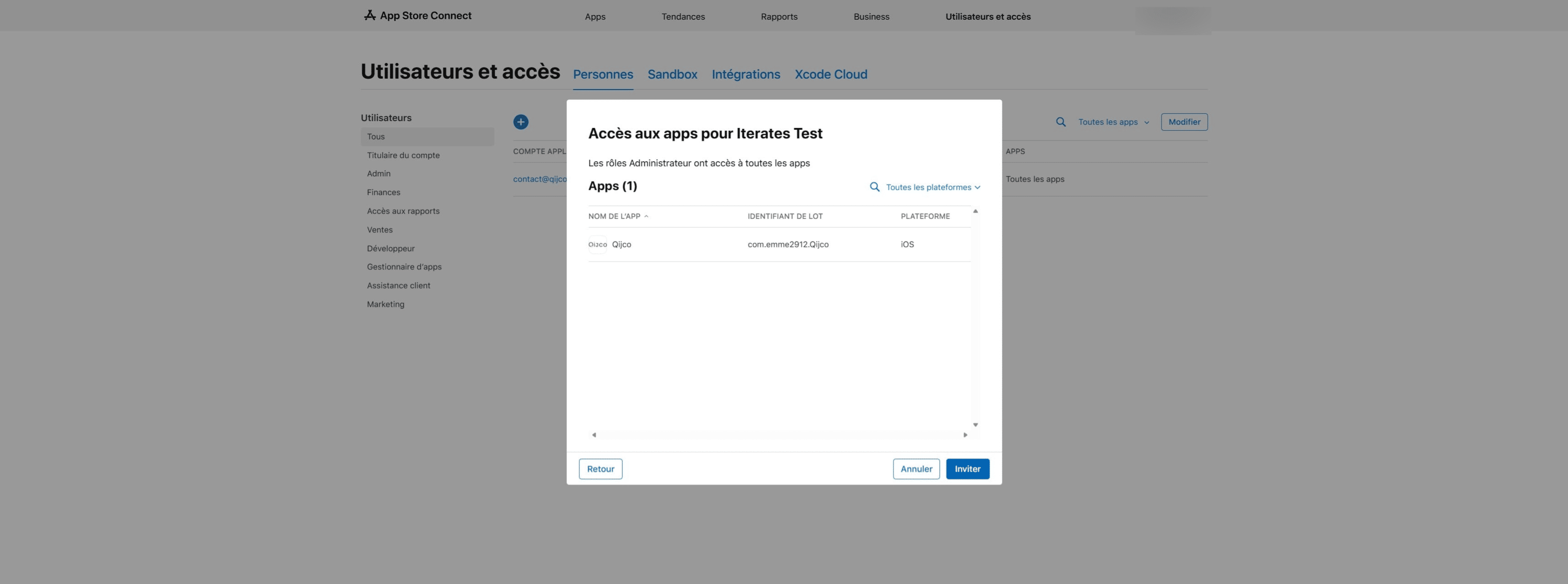 Complétez les accès de l’utilisateur puis vérifiez que celui-ci apparaît bien dans la liste des utilisateurs et des applications autorisées.
‎
Cliquez ensuite sur « Inviter » afin d’envoyer l’invitation.