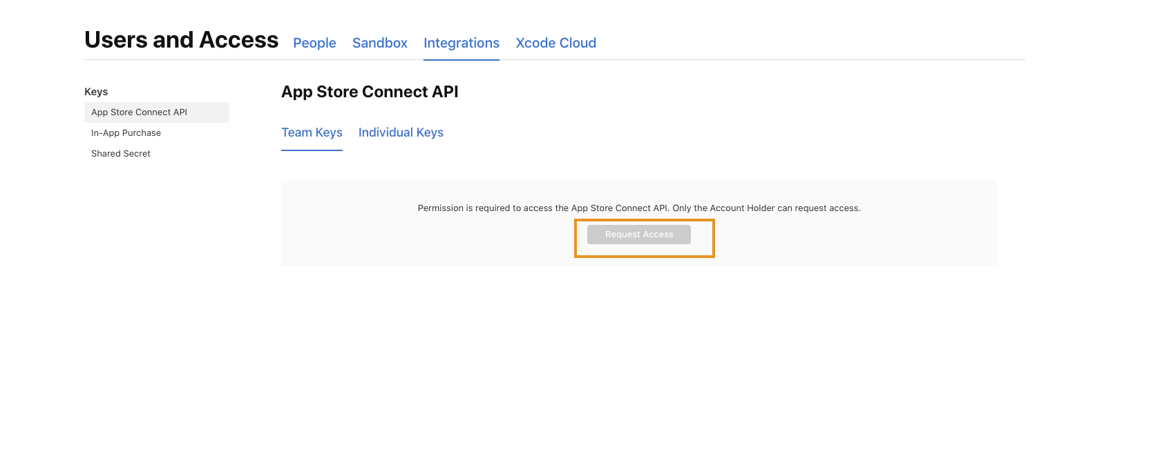 Dans la section ''App Store connect API'' , dans l'onglet ''Team Keys'', cliquer sur ''Request Access''