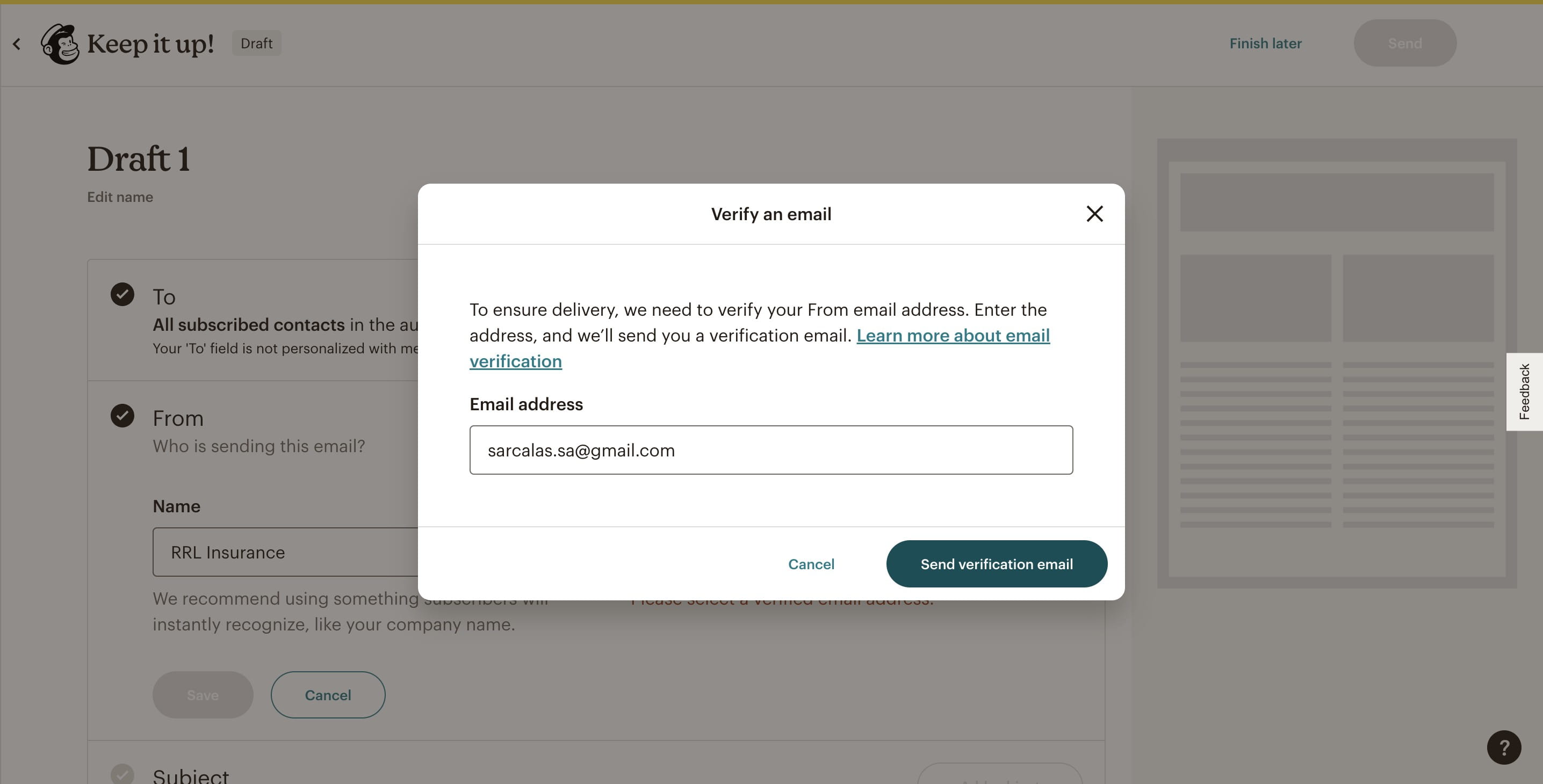 Confirm that you entered the correct email address and click on "Send verification email"