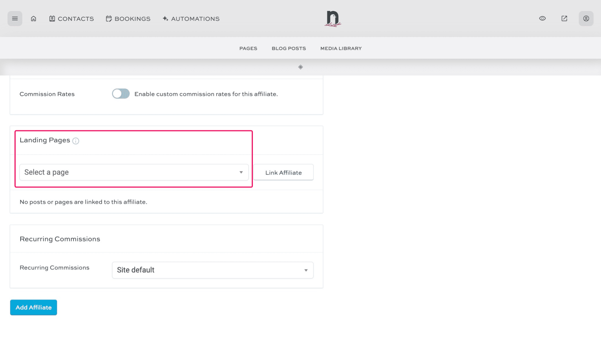 Under 'Landing Pages' click the 'Select a page' dropdown