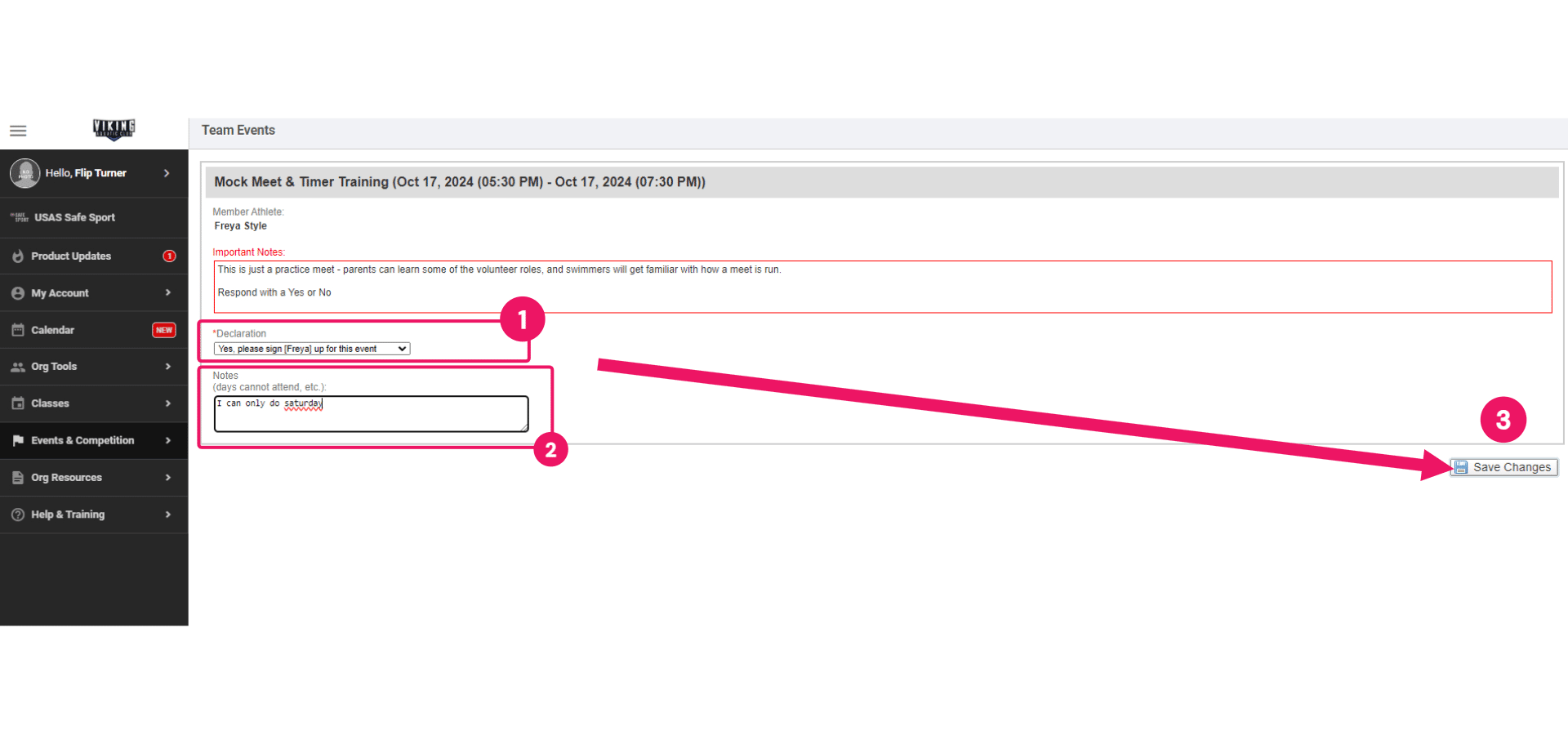 Click on "--SELECT--" and select whether you will be attending your not. Then if this is a normal meet in the notes add which day(s) you would prefer if you have a preference. Then simply press save changes