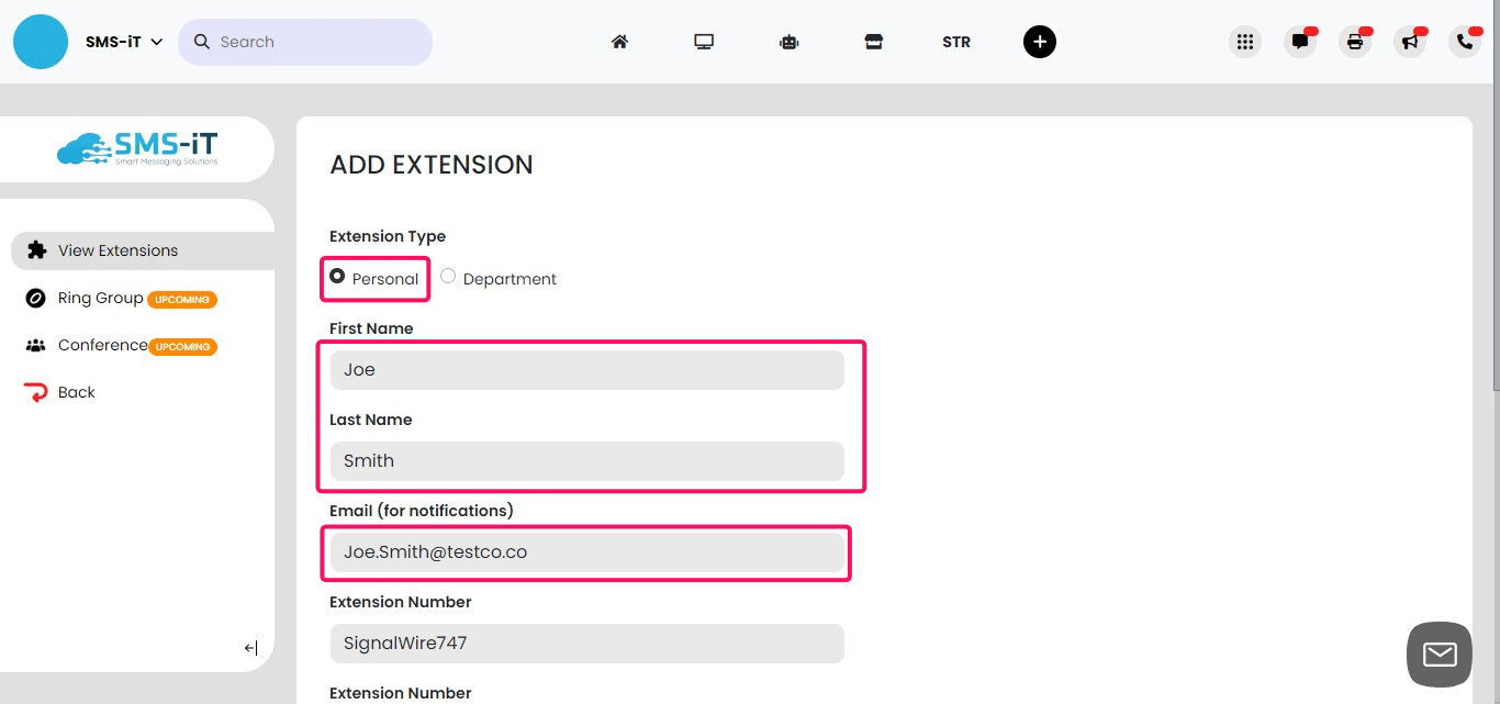 For a Personal extension:

**1.** Select "Personal" as the extension type. This will create an extension for an individual user.
**2.** Enter the first and last name of the user the extension is for.
**3.** Provide an email address to send any notifications or messages related to this extension.