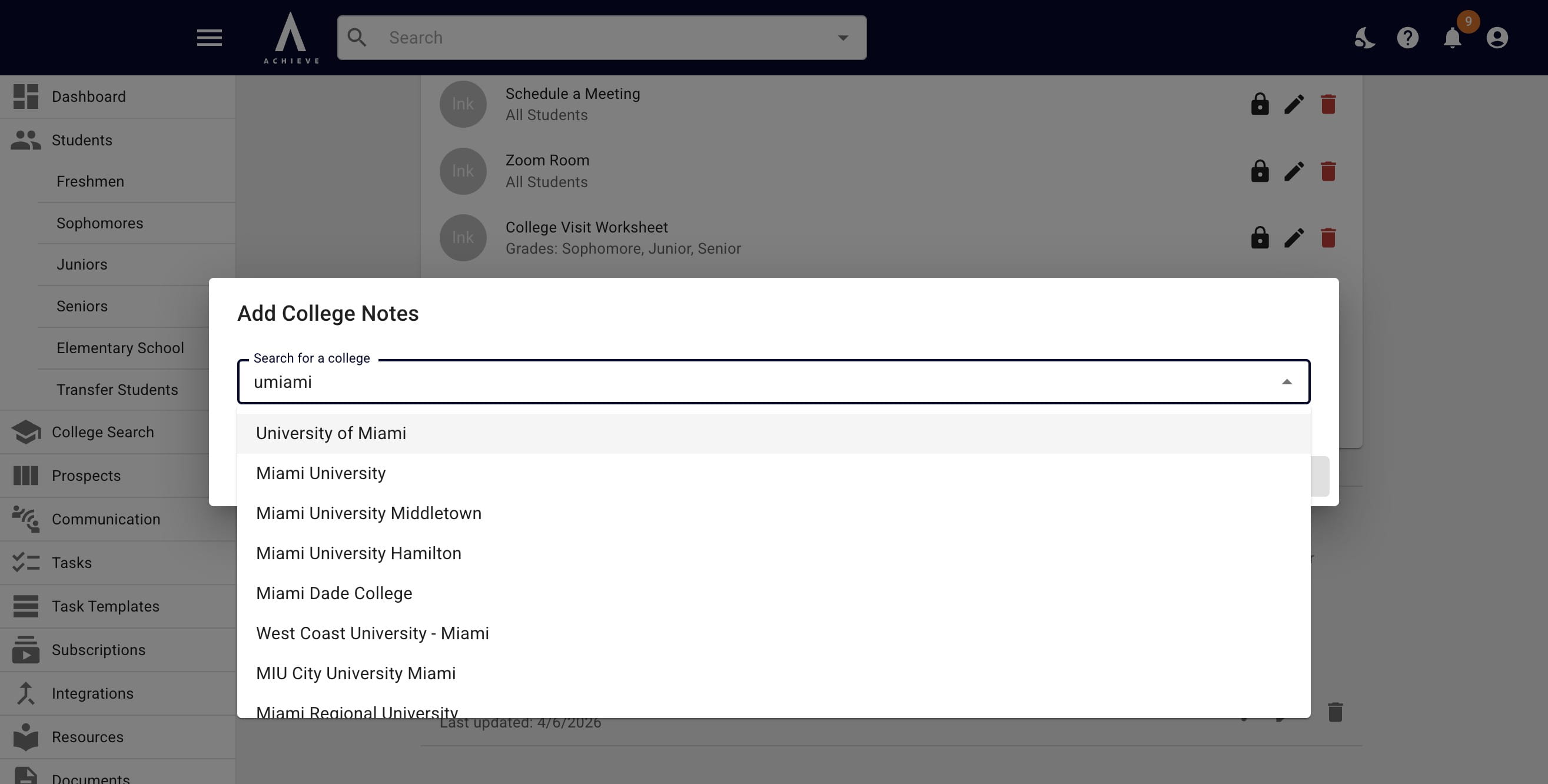 Click on the college's name when it appears