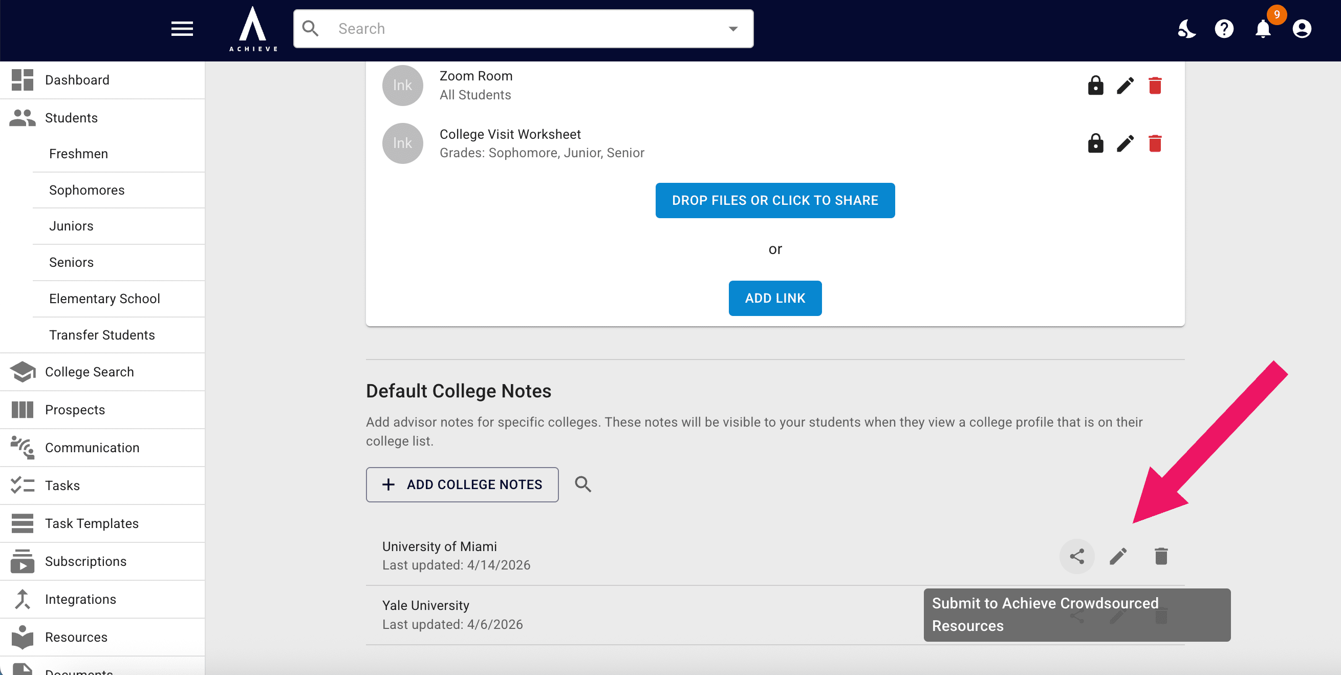Click on the **Share** icon to submit your notes to our crowdsources resources, the **pencil** icon to edit your notes, and the **trash can** icon to delete your notes
