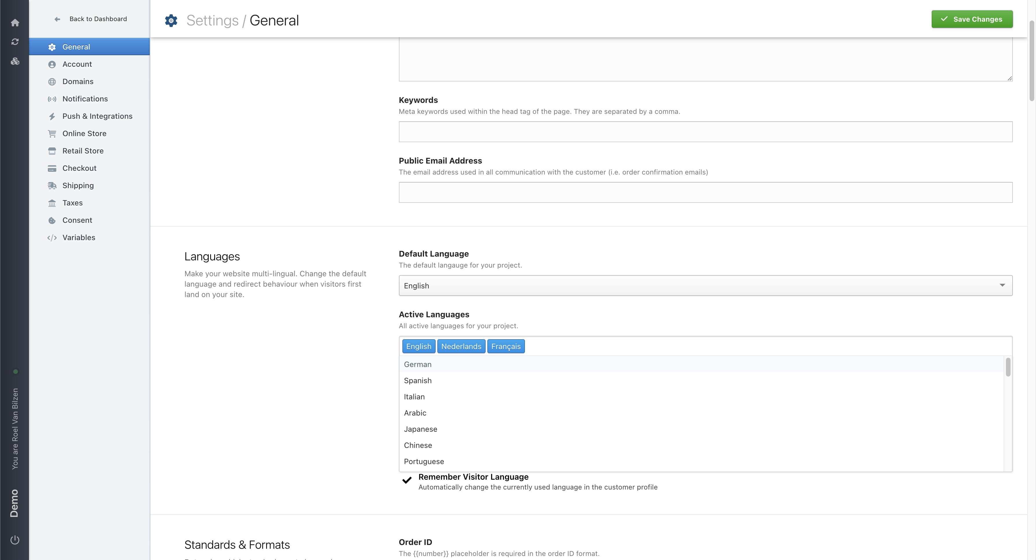 Active languages are all the languages used on your site. Select or start typing to filter languages you can add. Use backspace/delete and the arrow buttons to remove languages that have been selected.