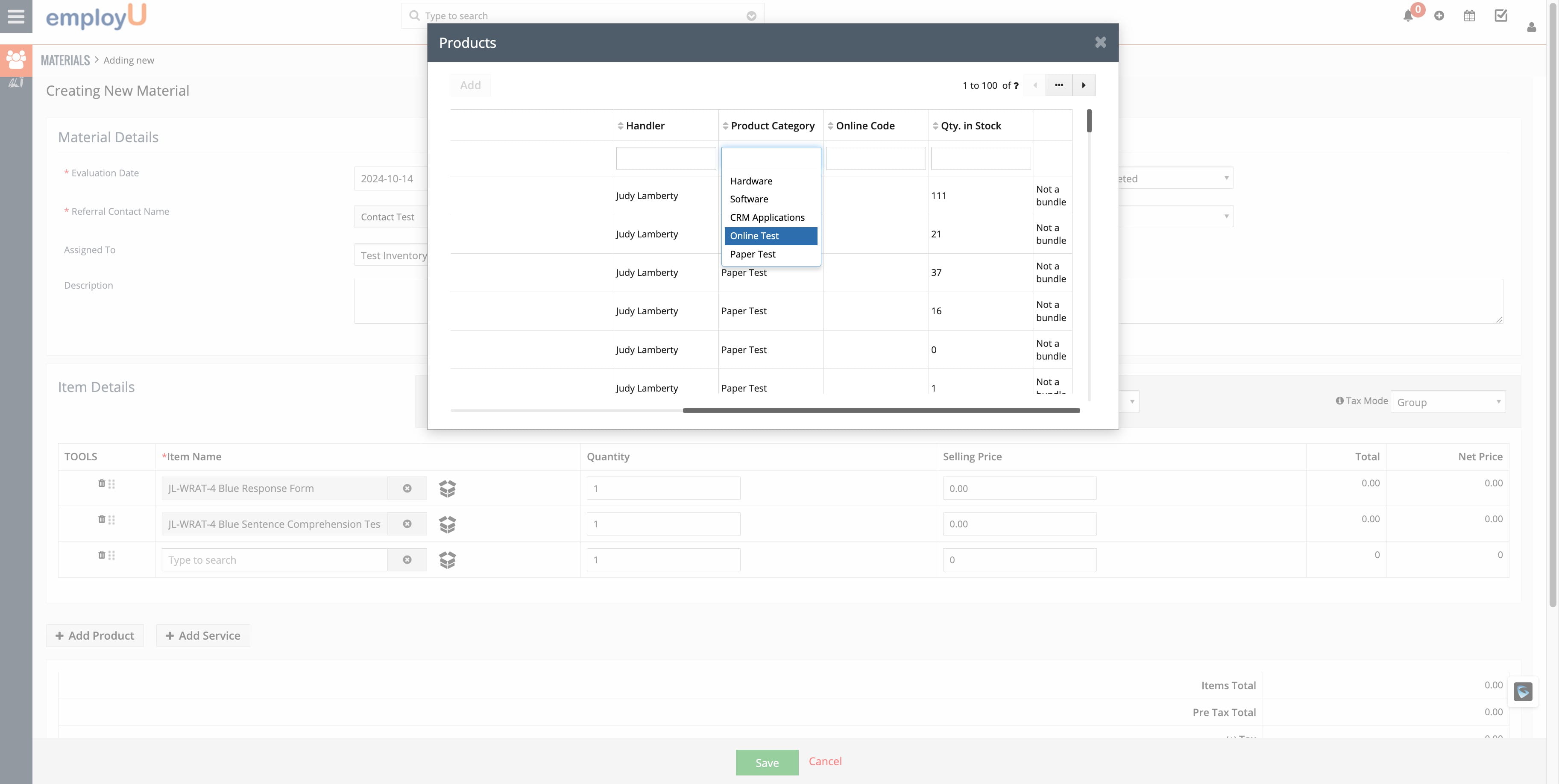 In the Product Category, search for 'Online Test'.