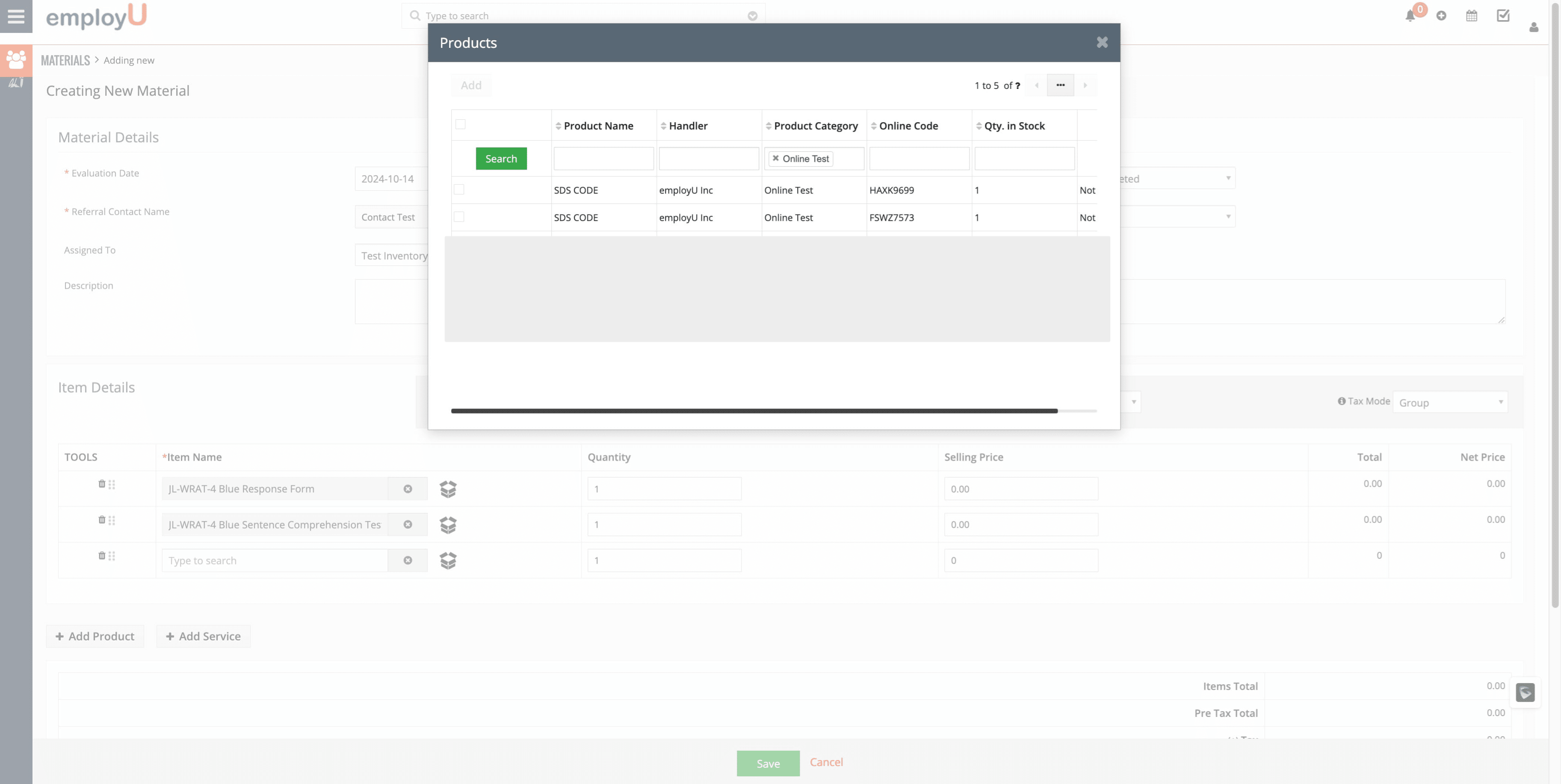 Select the code that was used for a test for this client.