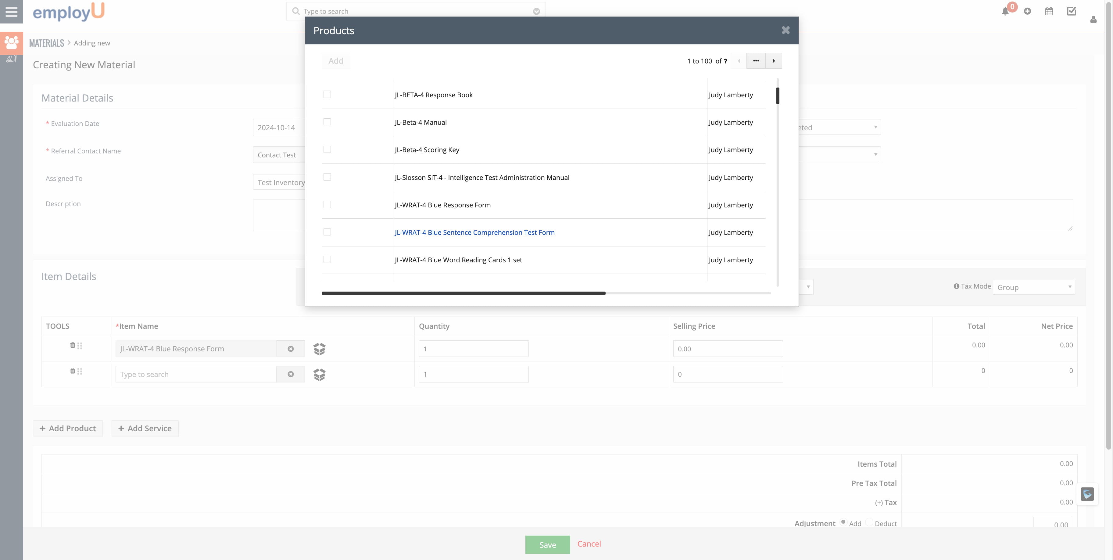 Following the previous instructions, search for a new test. This time, it's the 'JL-WRAT-4 Blue Sentence Comprehension Test Form'.