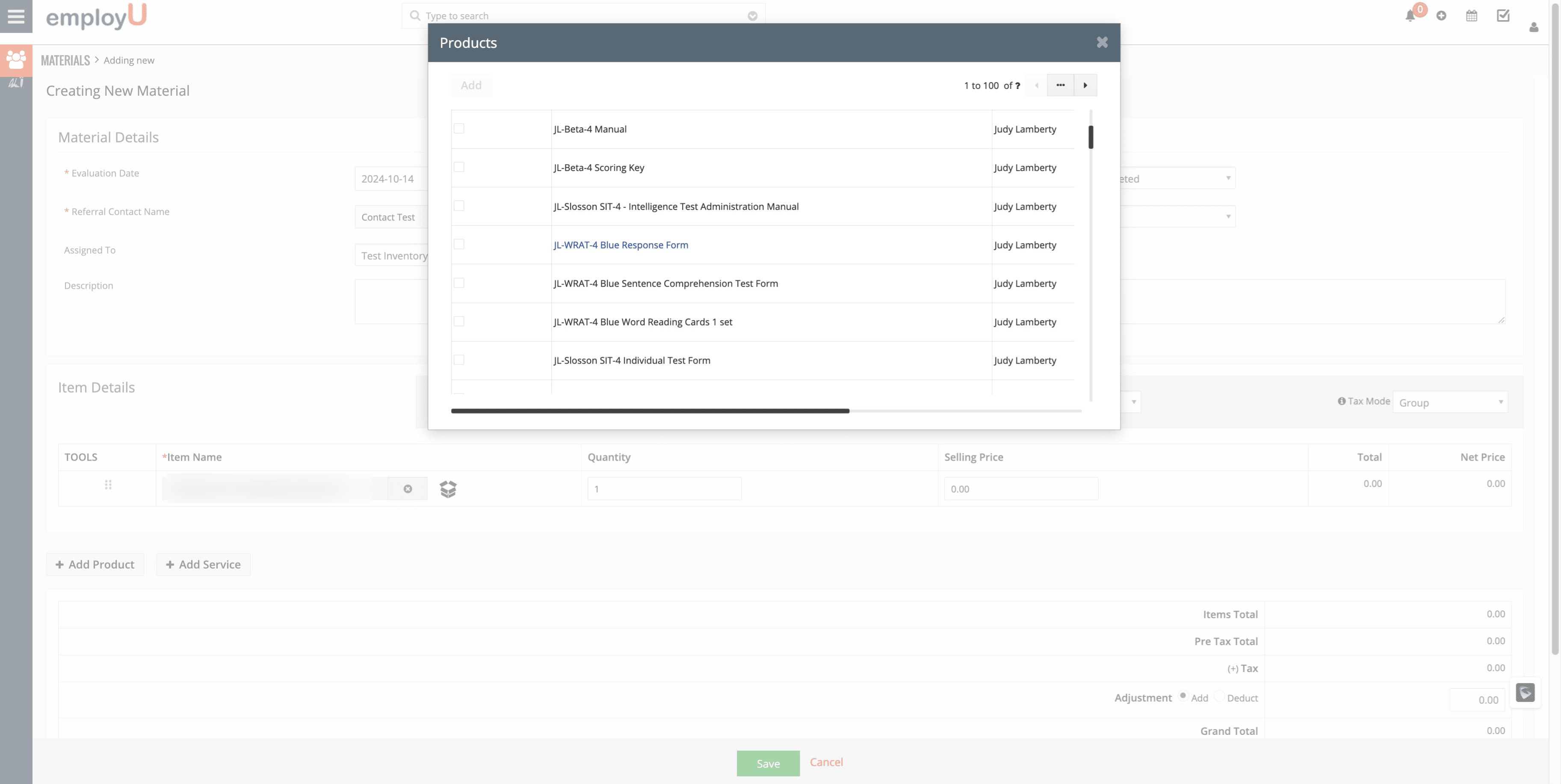 Find the correct test. In this example, it's the 'JL-WRAT-4 Blue Response Form'.