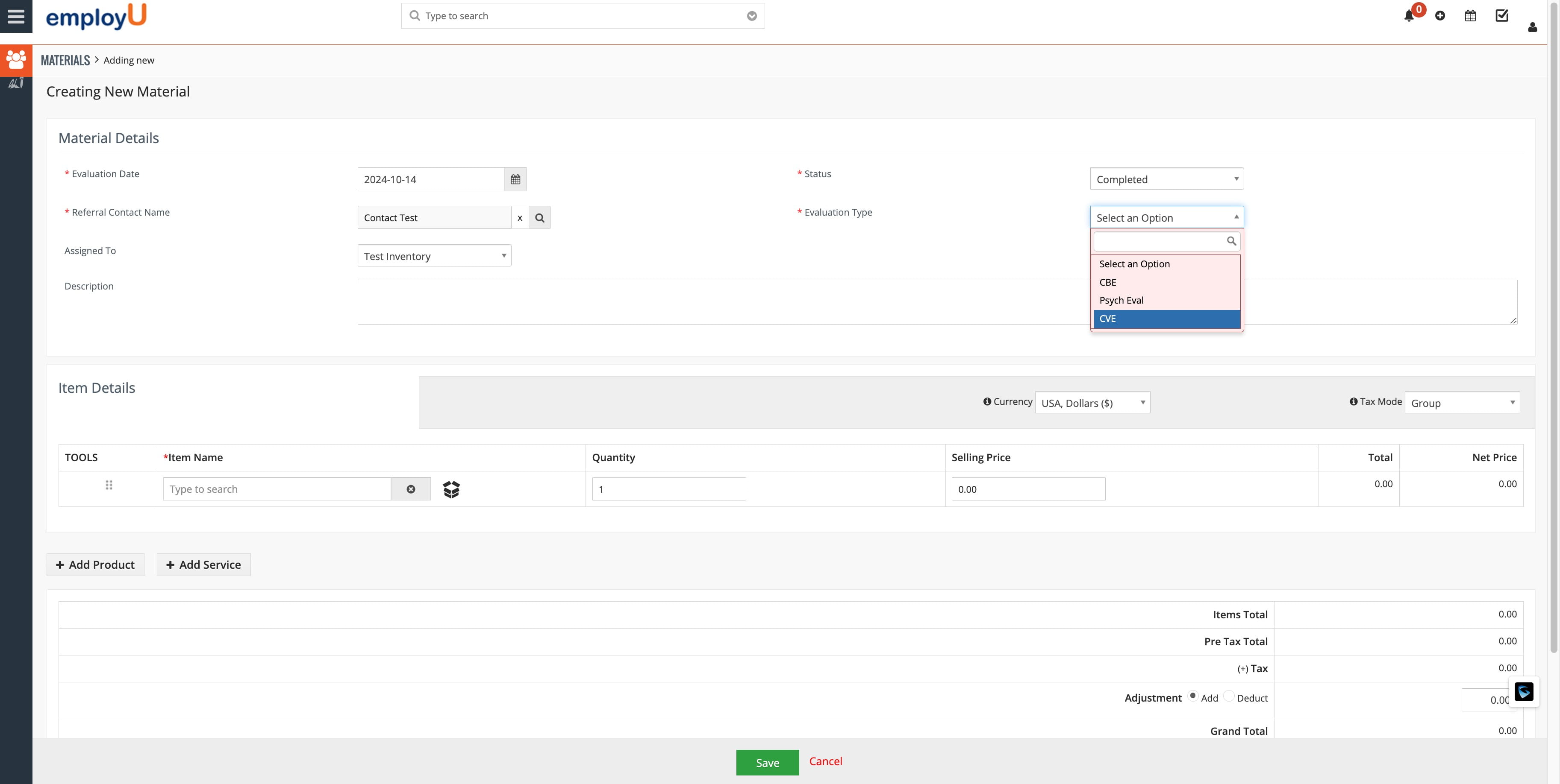 Select the appropriate evaluation type.