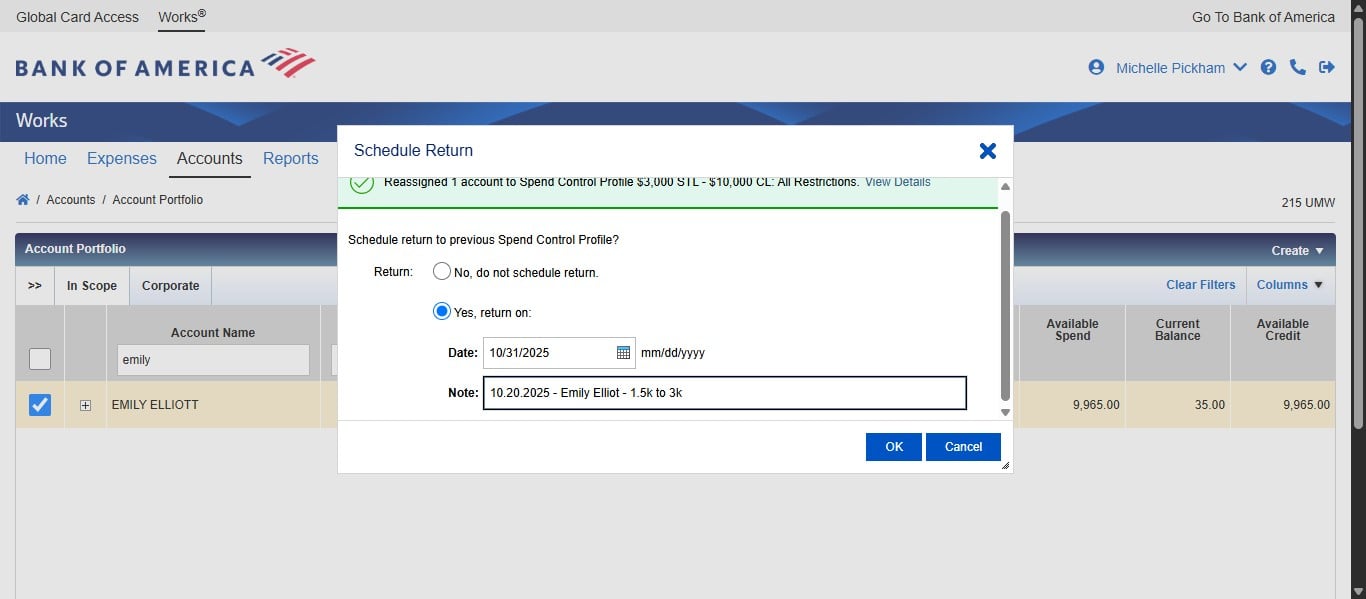 Add in the note area the following information: MM.DD.YYYY - User First and Last Name - permanent profile to temporary profile. Example: 10.20.2025 - Emily Elliott - 1.5k to 3k. 