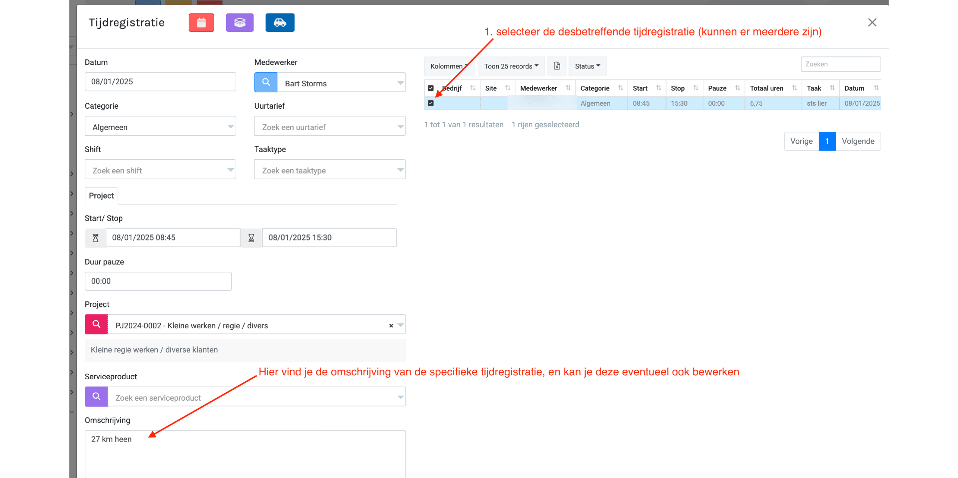 Wanneer we de details van de tijdregistraties openen vanuit de planning: