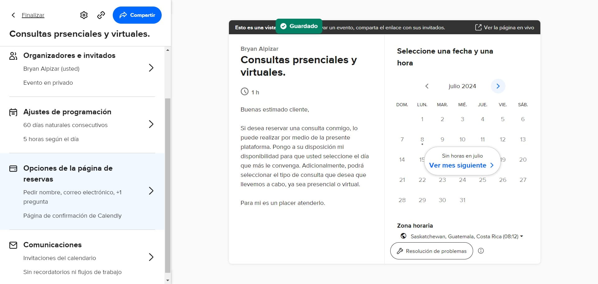 Una vez que guardó el paso anterior, haga click en "Opciones de la página de reservas".