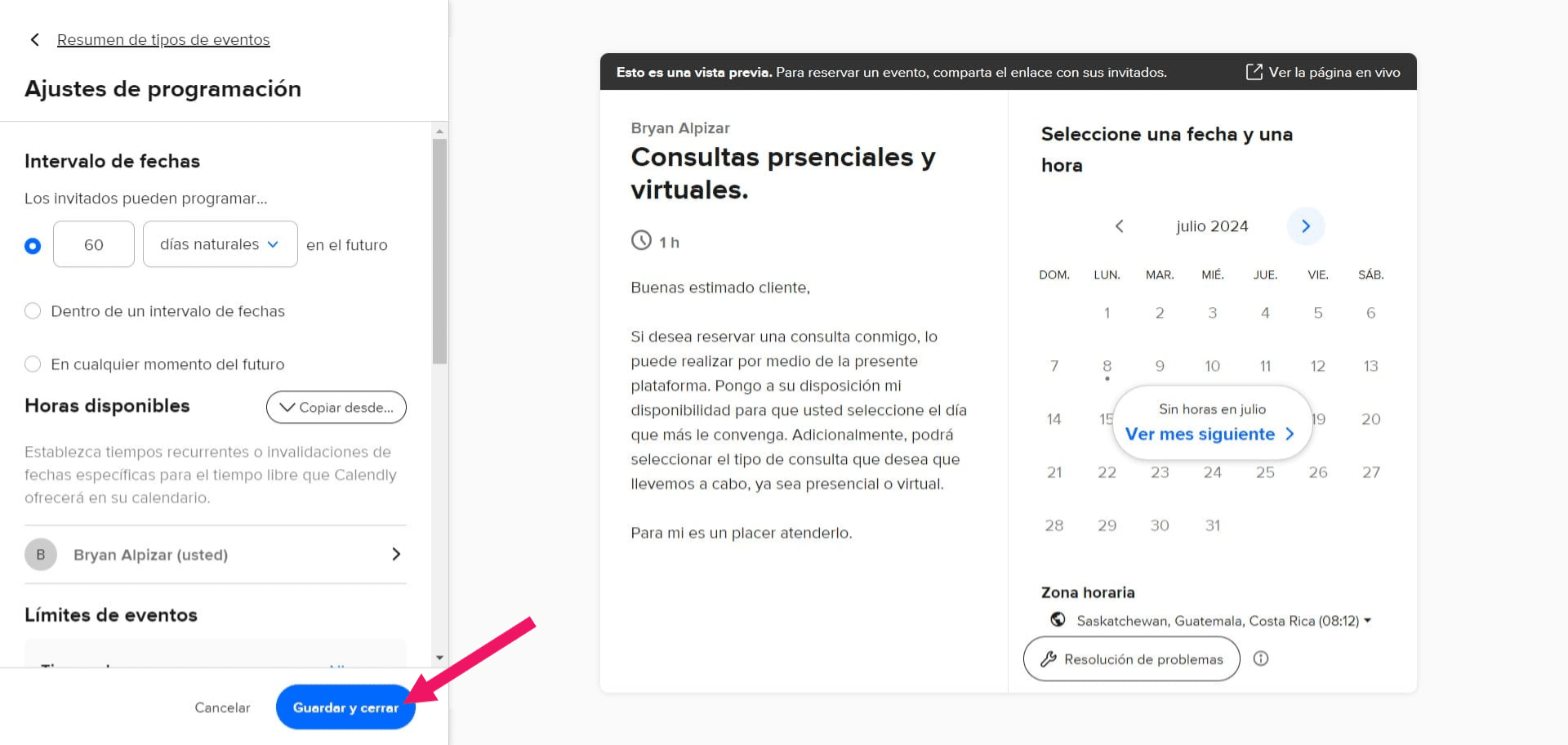 Aquí podrá ajustar cómo desea recibir o mantener la agenda, con relación a los días hábiles y demás información. De nuestra parte, recomendamos mantenerlo en 60 días naturales; sin embargo, es su elección.