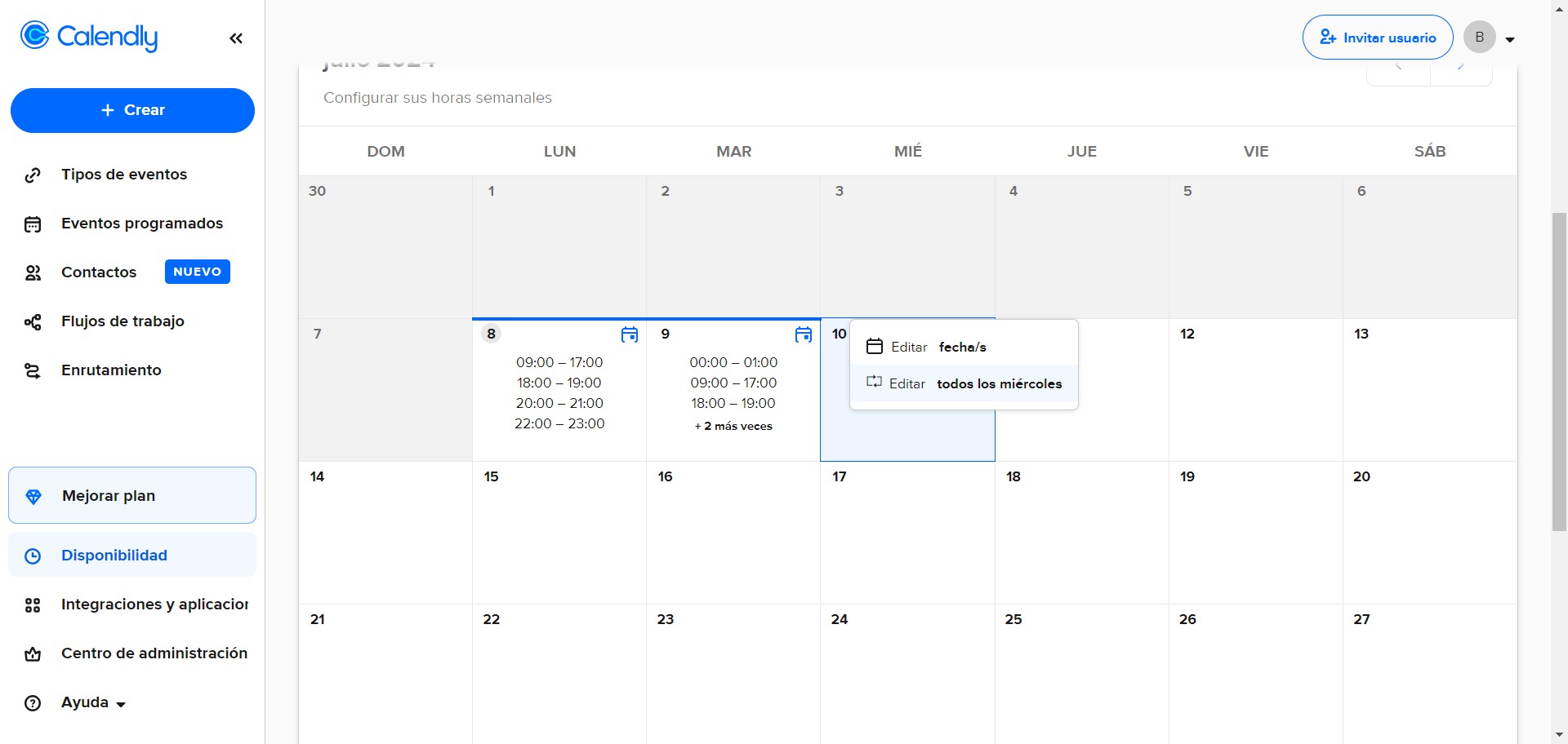 Adicionalmente, desde este apartado también puede incluir información por días o bien hacer que se muestre el mismo horario todos los días, usando el botón "Todos los días". 

Y de esta manera, todos los miércoles —que es el día del ejemplo— se visualizará el mismo horario para dicho día durante el mes.