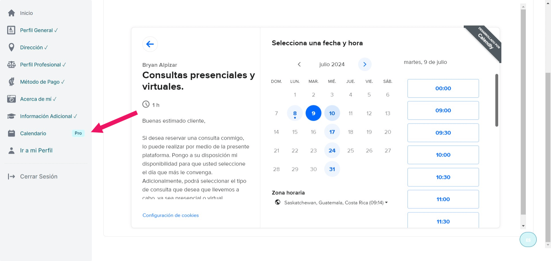 Una vez que incluya y guarde la información en Calendly sobre sus horarios de consultas, se actualizará de manera automática en la agenda que se muestra en Juriside. Para verla, puede ingresar a su perfil de Juriside, hacer clic en "Calendario", y luego, en la parte de "Sincronización", se desplegará el calendario con los horarios e información incluidos por usted en Calendly.
