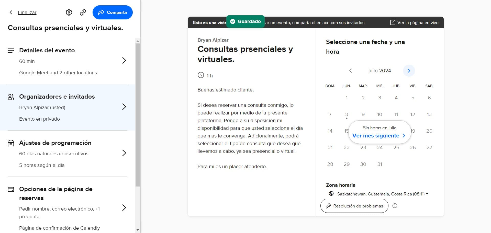 Haga click en "Organizadores e invitados". Aquí podrá seleccionar si los invitados en las consultas virtuales pueden incluir a otros participantes o no. Usted puede limitar esta opción.