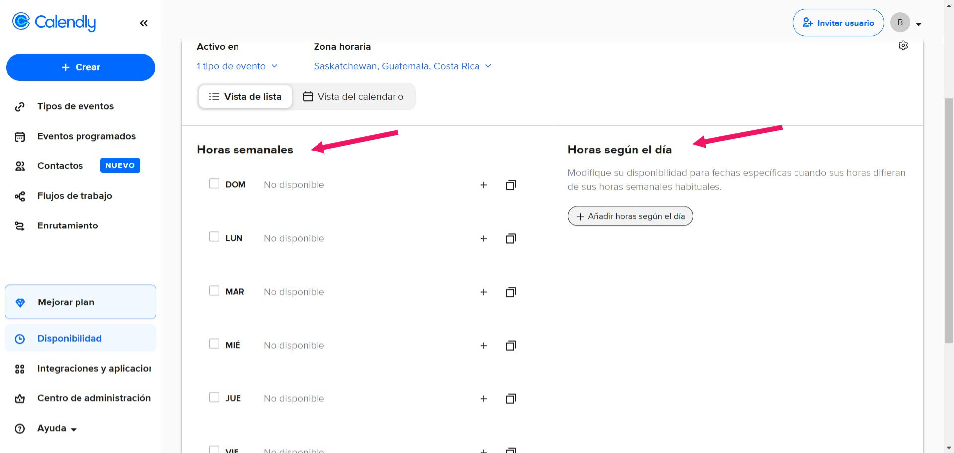 Aquí podrá visualizarlo por medio de "Vista de lista" o "Vista del calendario". De ambas maneras se puede incluir la información de sus horarios. En nuestro ejemplo lo realizamos con "Vista de lista".


Adicionalmente, puede incluir la información por días, o bien para que se muestre las horas de manera semanal, puede seleccionar el que más le guste. 