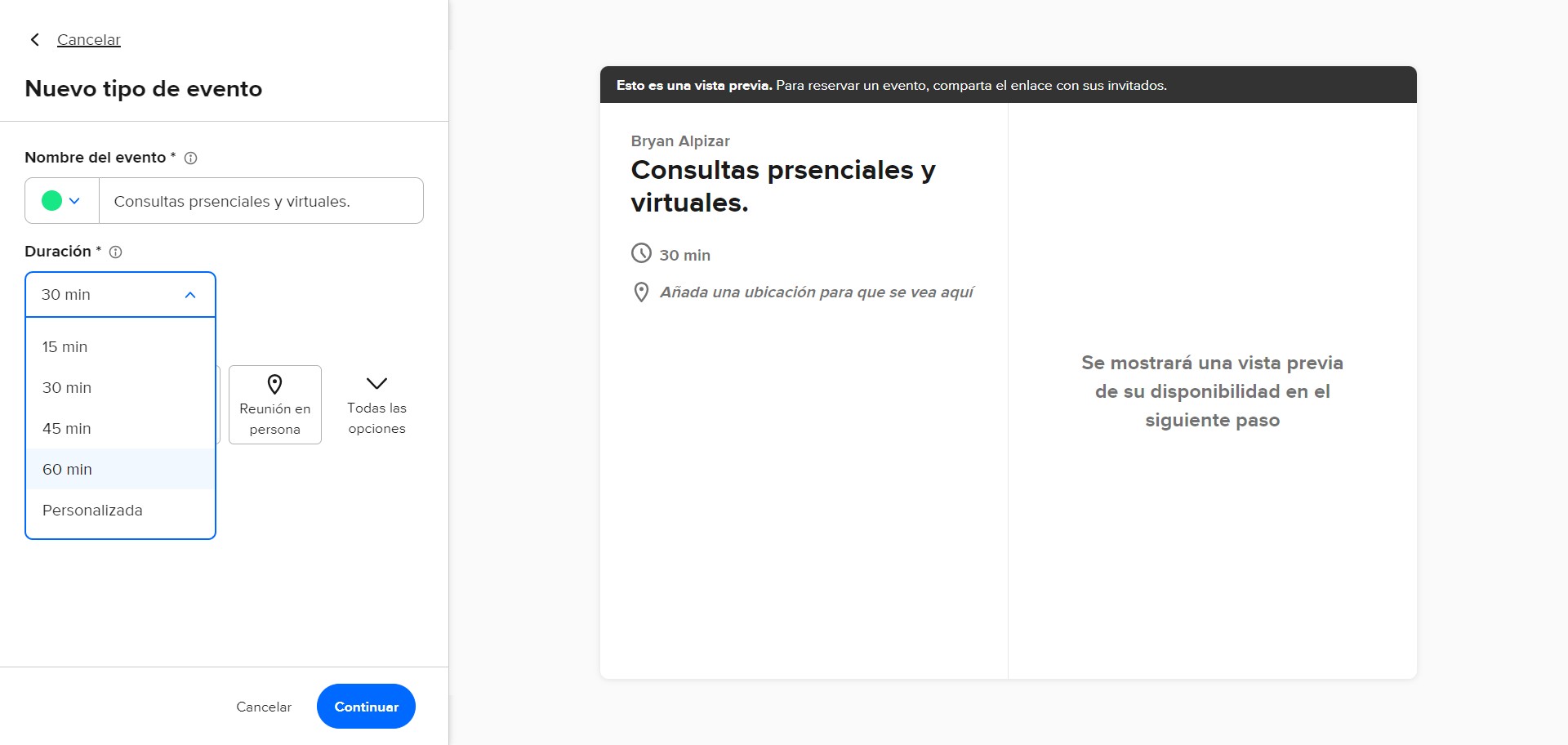 En "Duración", seleccionar el tiempo que brinda por consulta. 