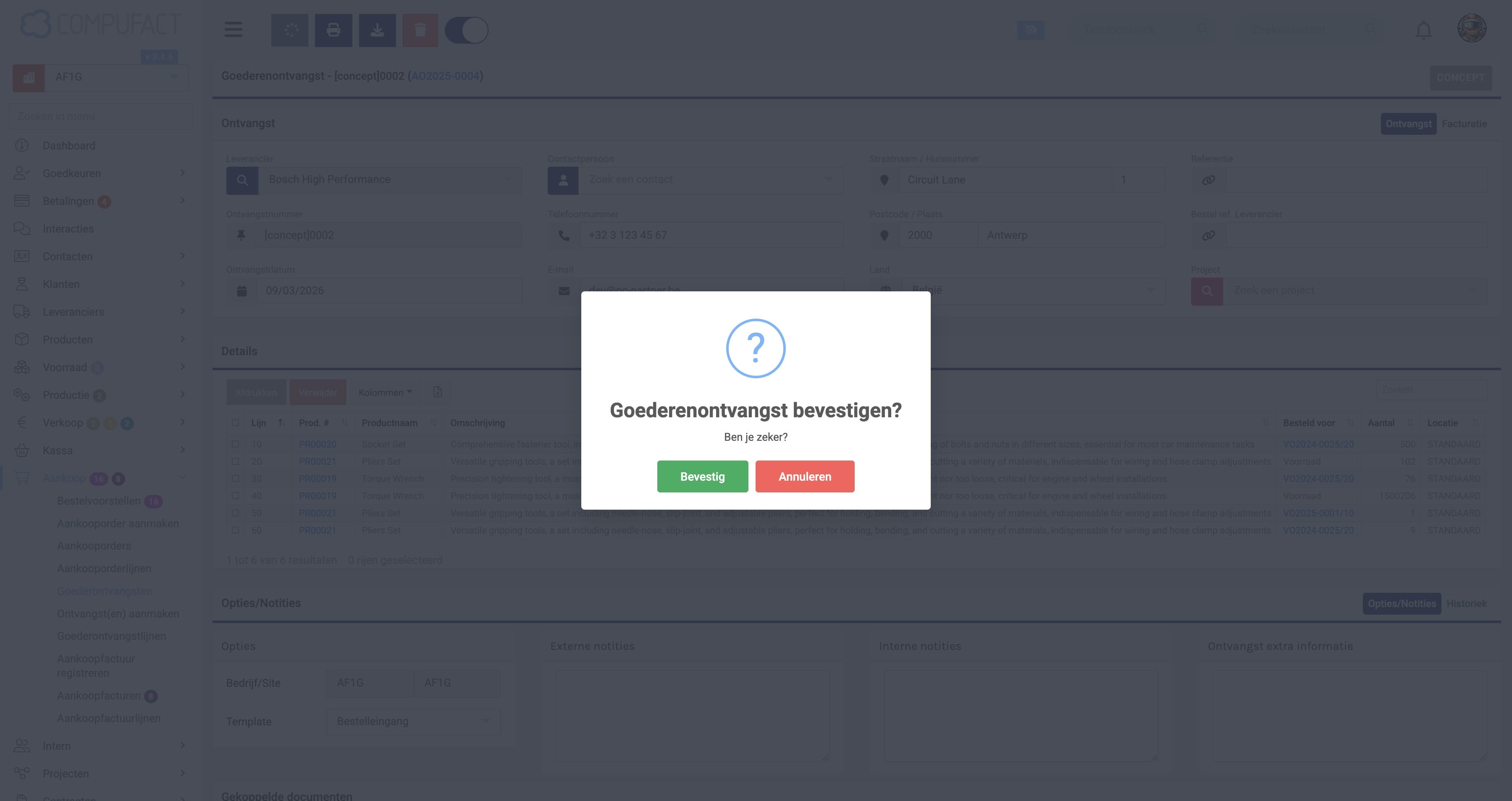 Bevestig de registratie van de goederenontvangst