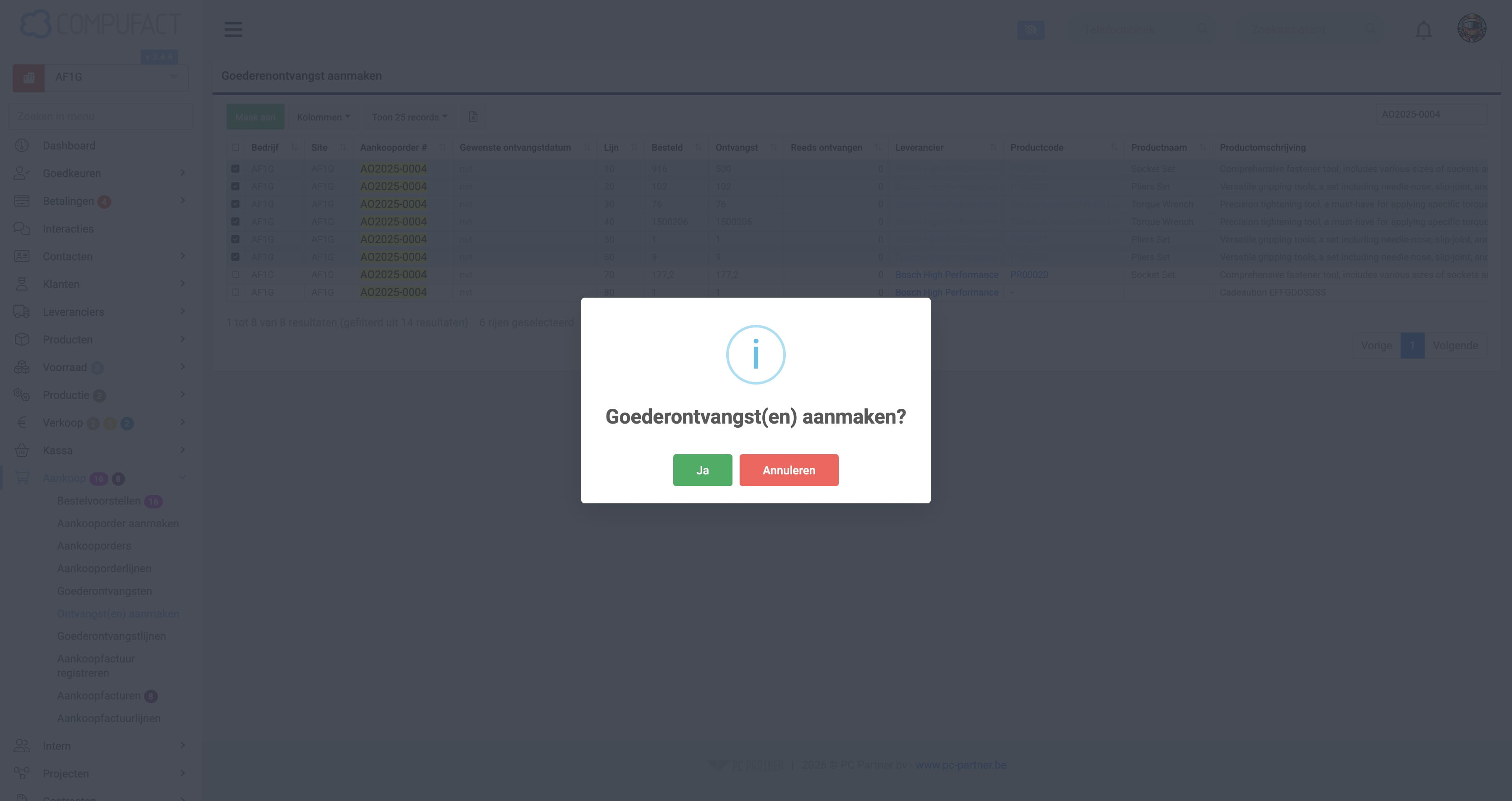 Bevestig het aanmaken van de goederenontvangst