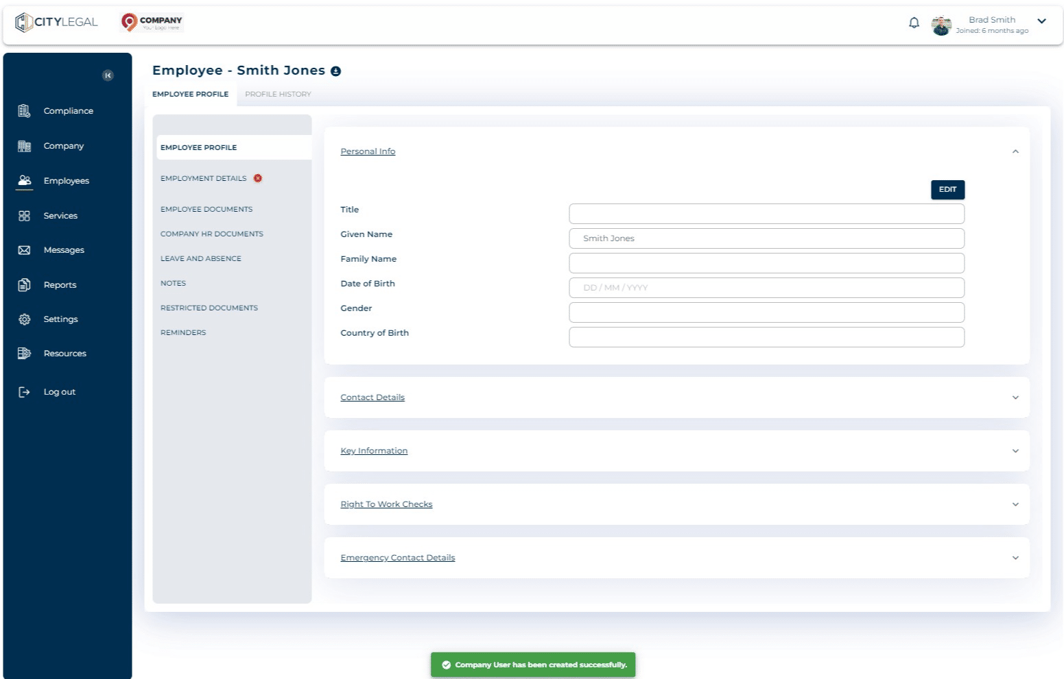 Fill in all the details in the 'Employee Profile' section.