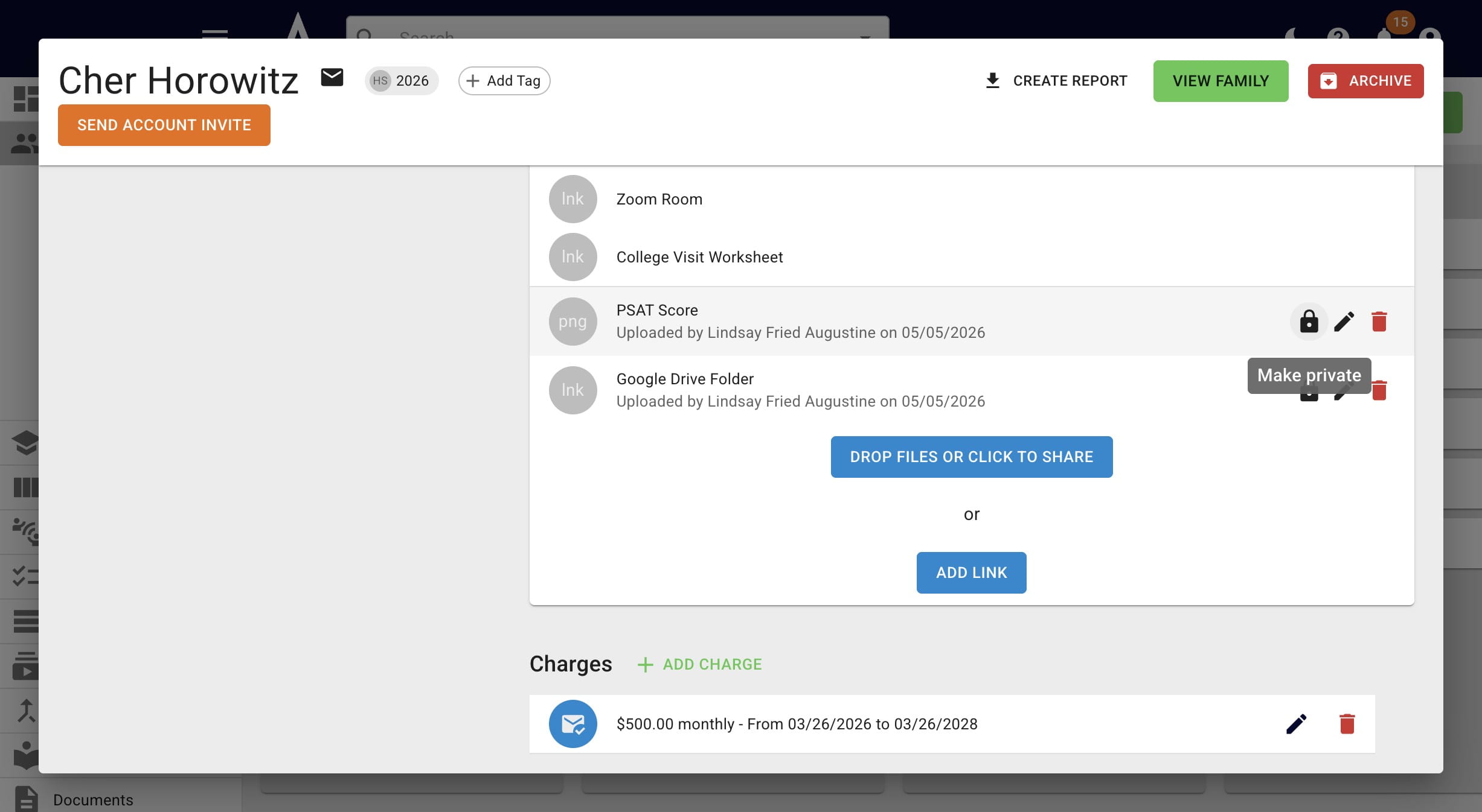 To make a file **private**, meaning only you can see the files, not the student click the **Closed Lock** icon. This is a helpful way to add contracts or other sensitive documentation. 