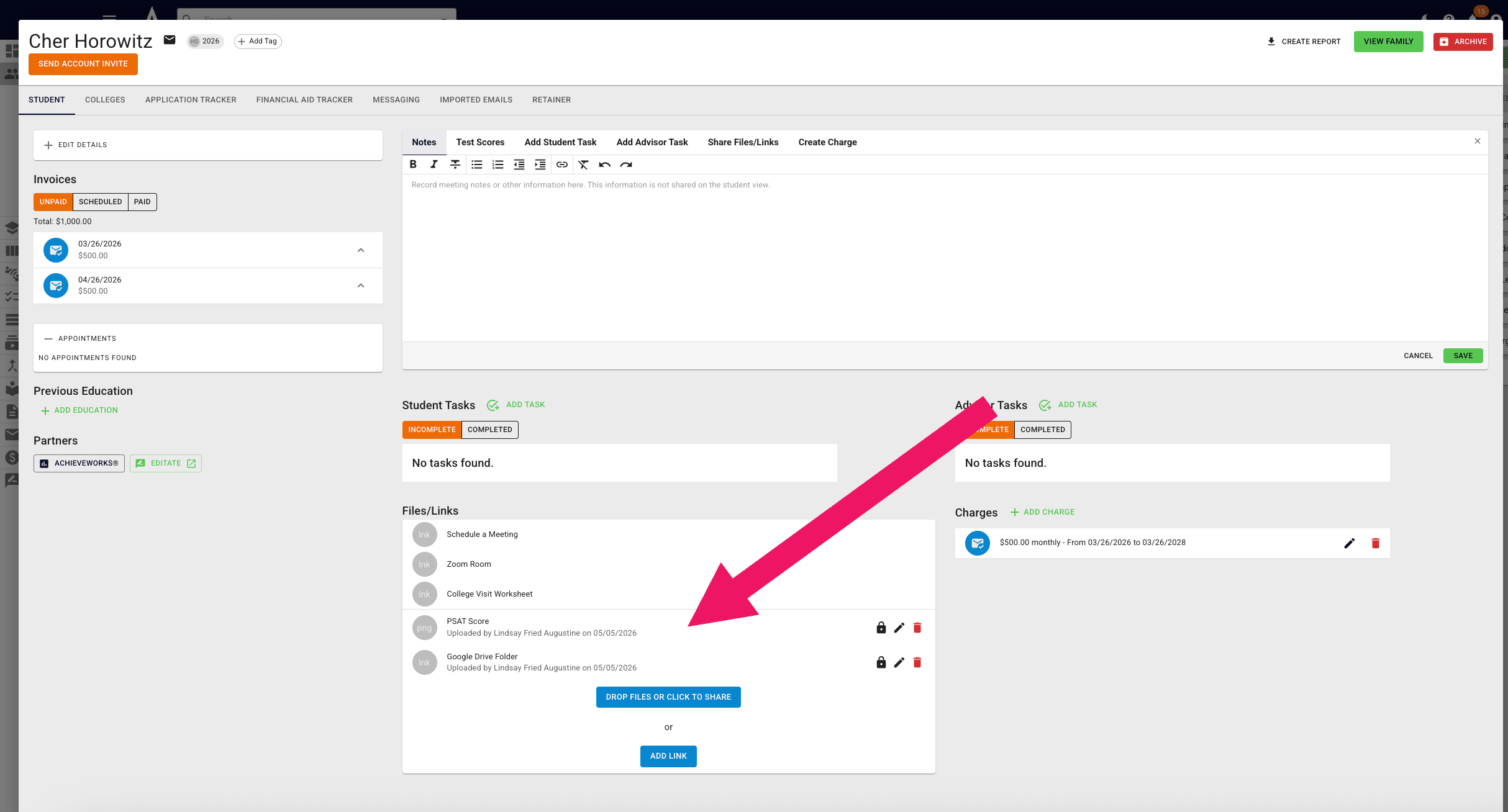 You can now see any files/links you added under the **Files/Links** section of the student profile. 