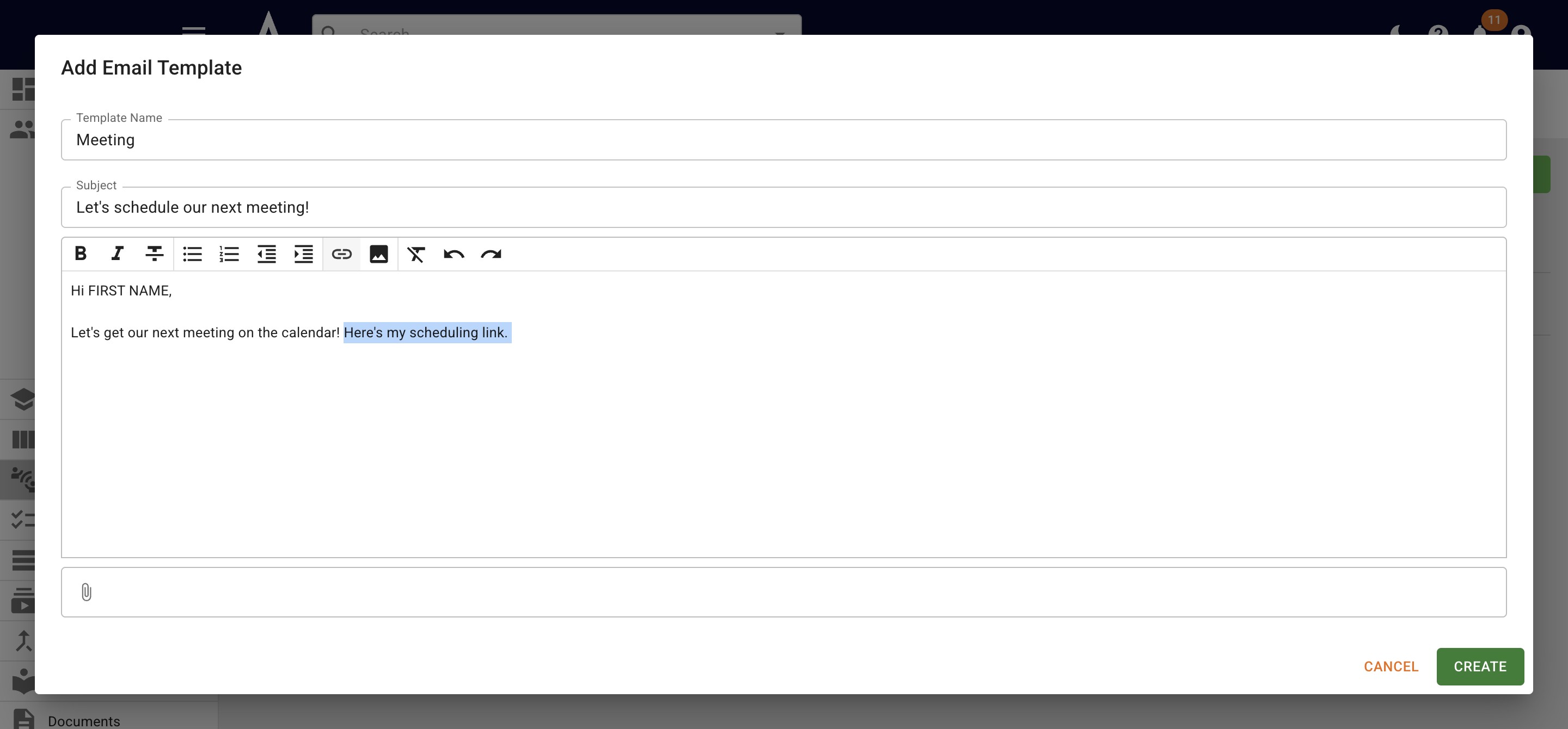 If you need to add a hyperlink to your template click on the **Link** icon. 