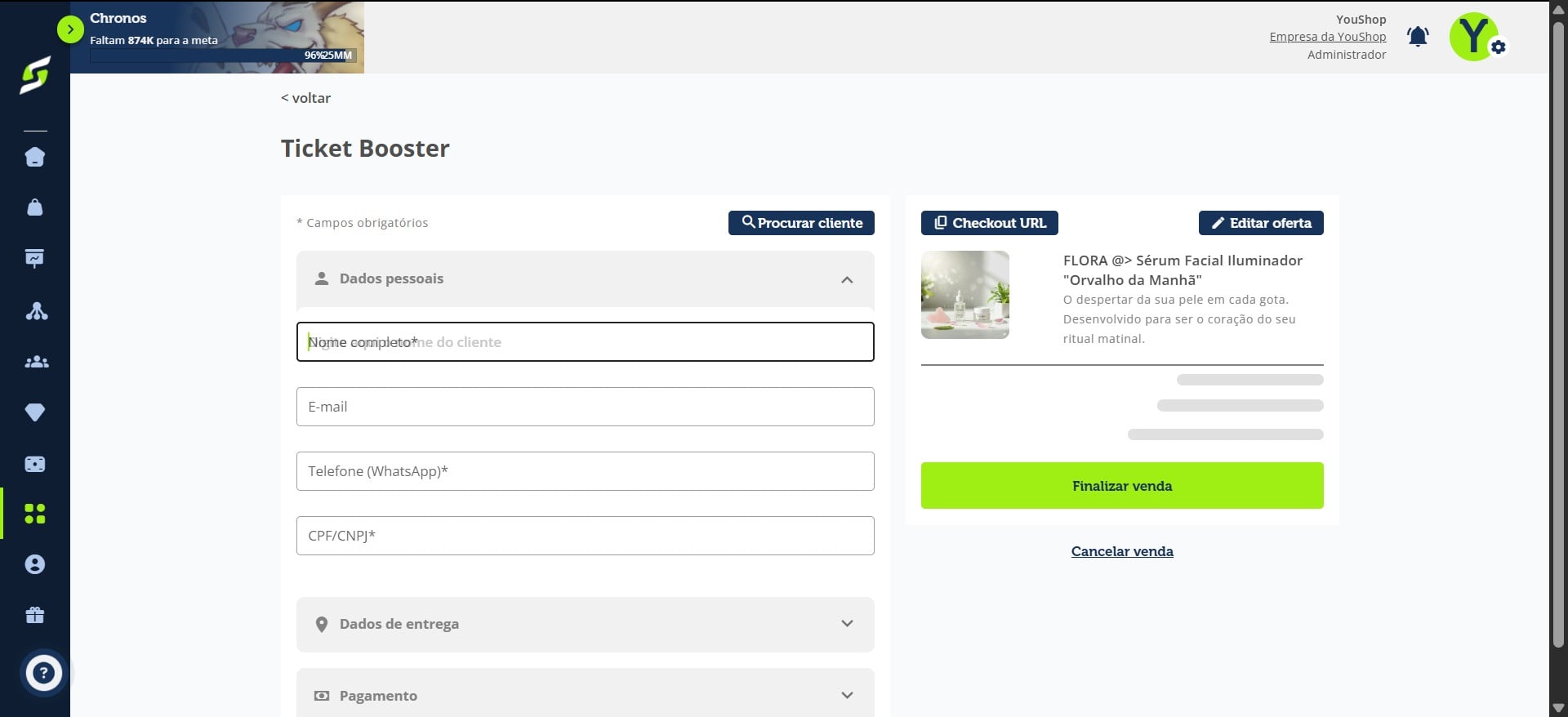 Preencha manualmente os dados pessoais, dados de entrega e a forma de pagamento do cliente.
