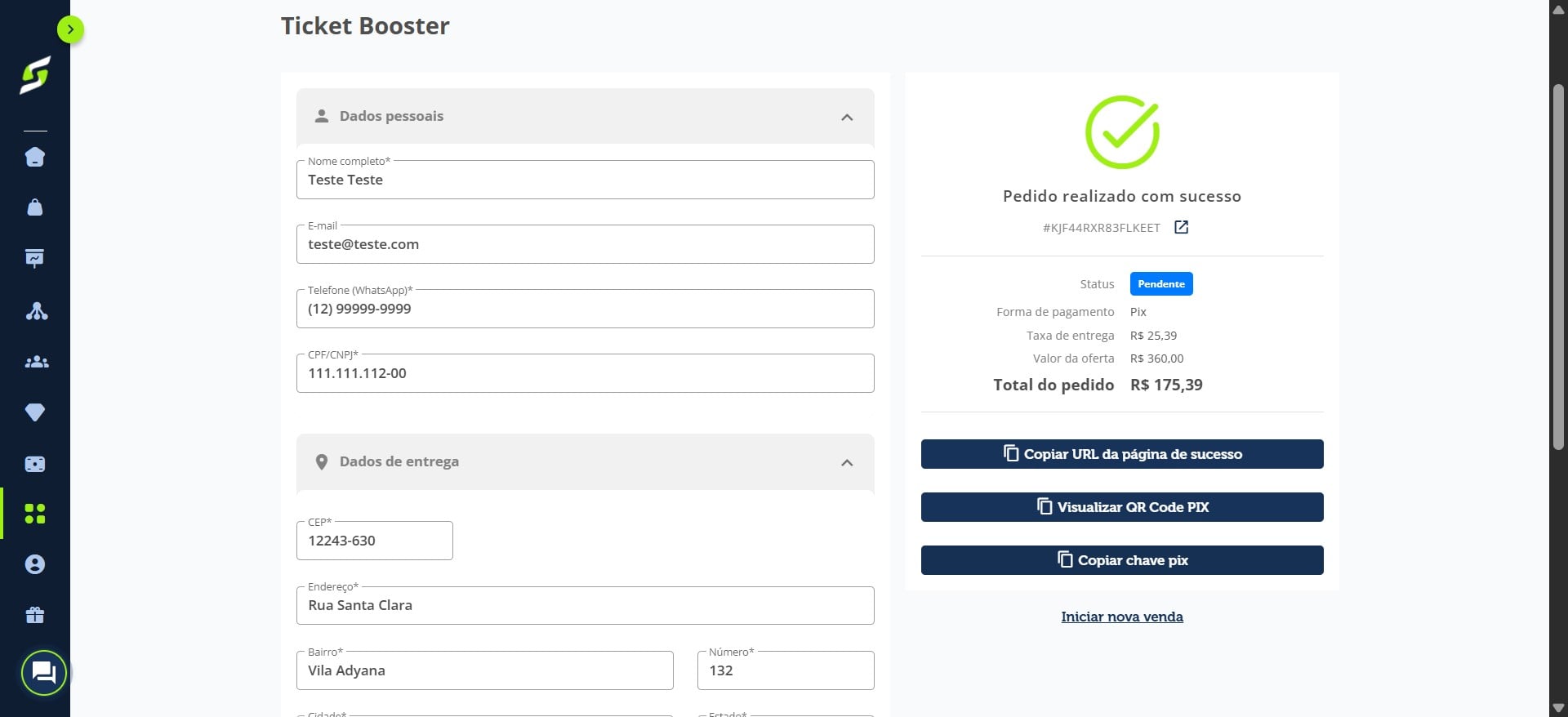Você poderá copiar a chave Pix e enviá-la ao cliente.
