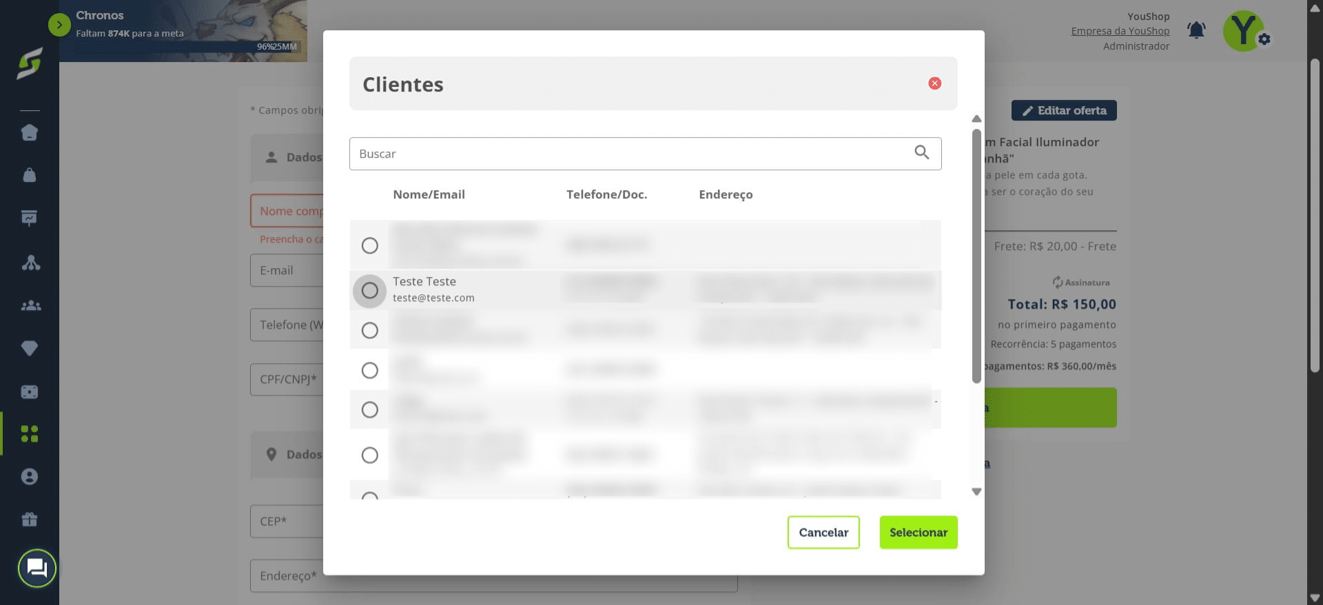 Selecione o cliente desejado.