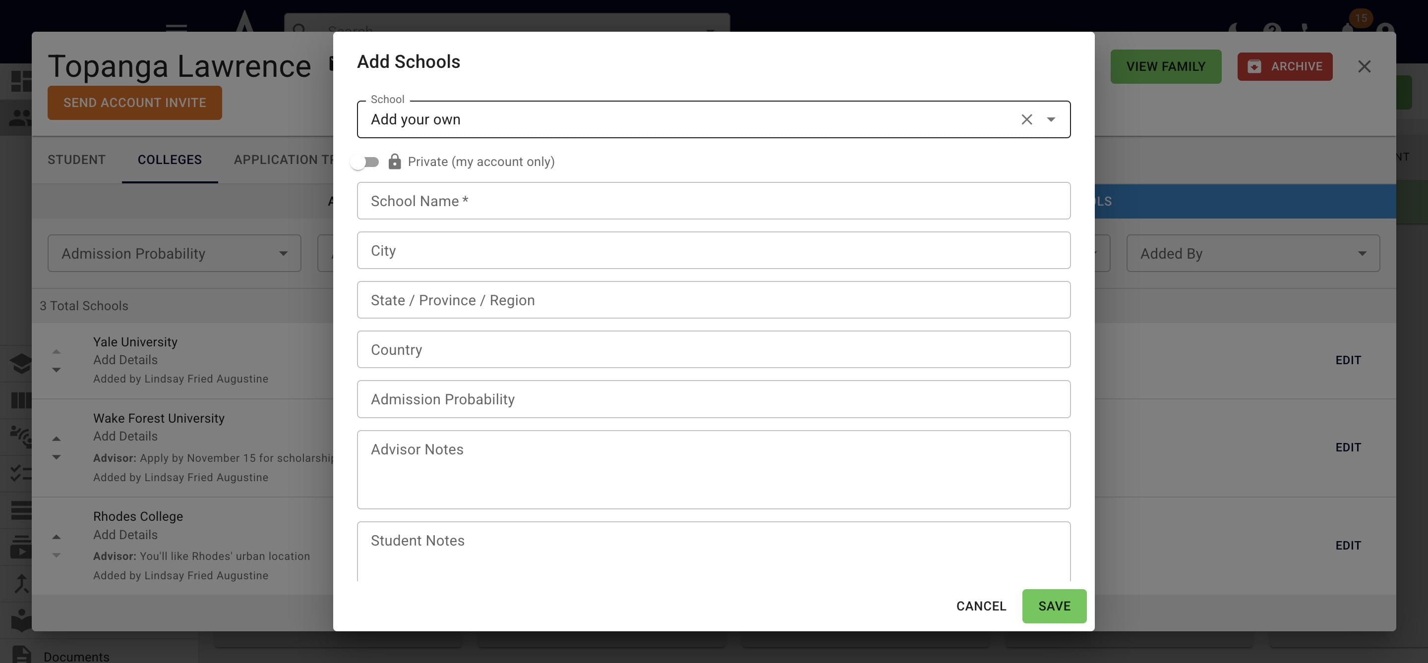 Keep the **Private** toggle on, if you only want to keep the college in your account's college bank. This is a college that your students can see/add but other Achieve advisors & their students will not be able to see. 