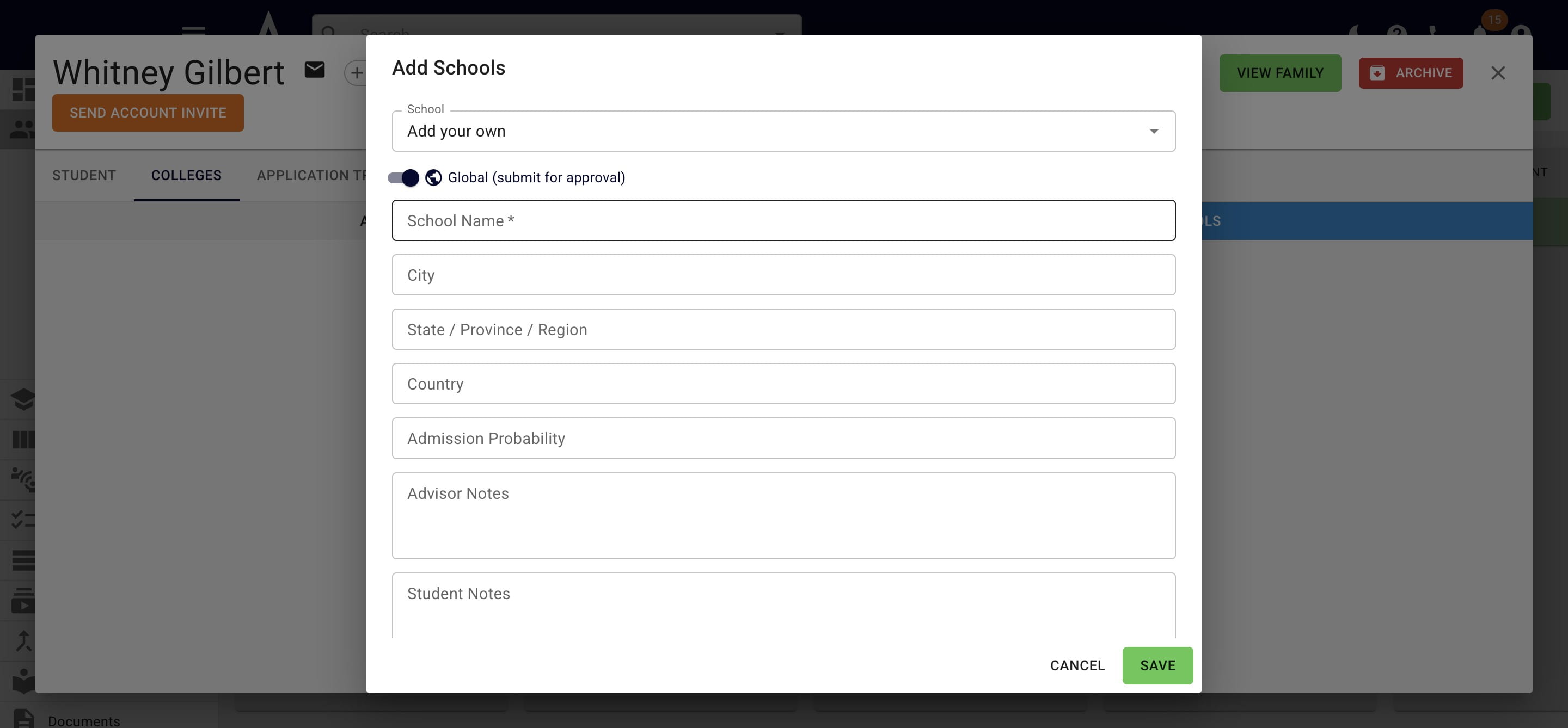 If you feel this is a college that many Achieve users will want to see (i.e. international schools, vocational schools, etc.) toggle on the **Global (submit for approval)** visibility option
